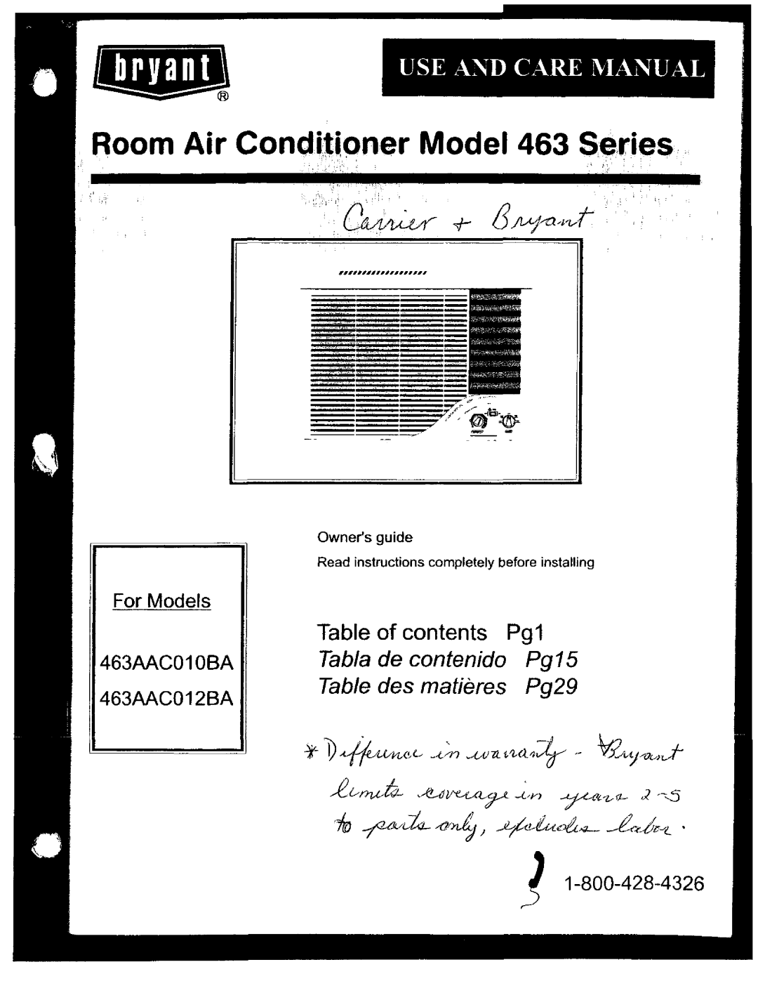 Bryant 463AAC010BA, 463AAC012BA manual 