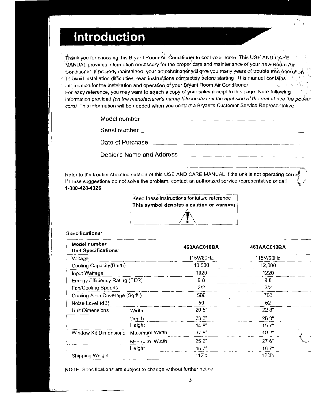 Bryant 463AAC012BA, 463AAC010BA manual 