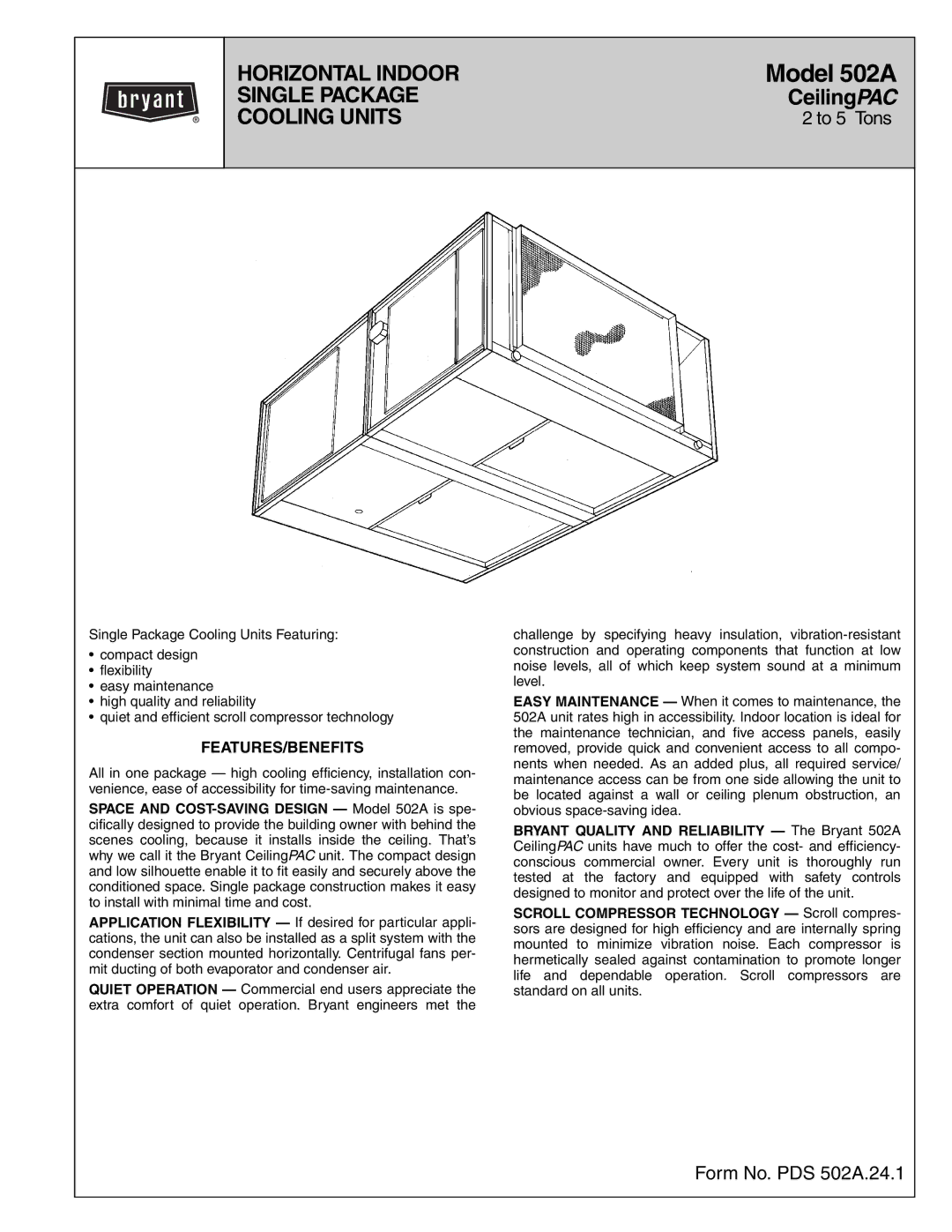 Bryant manual Model 502A, Features/Benefits 