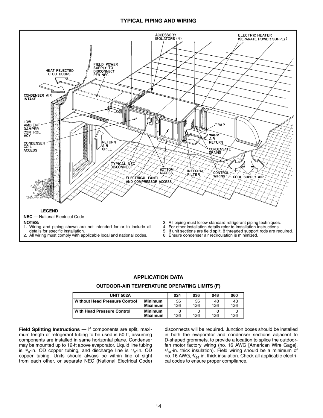 Bryant 502A manual Typical Piping and Wiring, Application Data, OUTDOOR-AIR Temperature Operating Limits F 