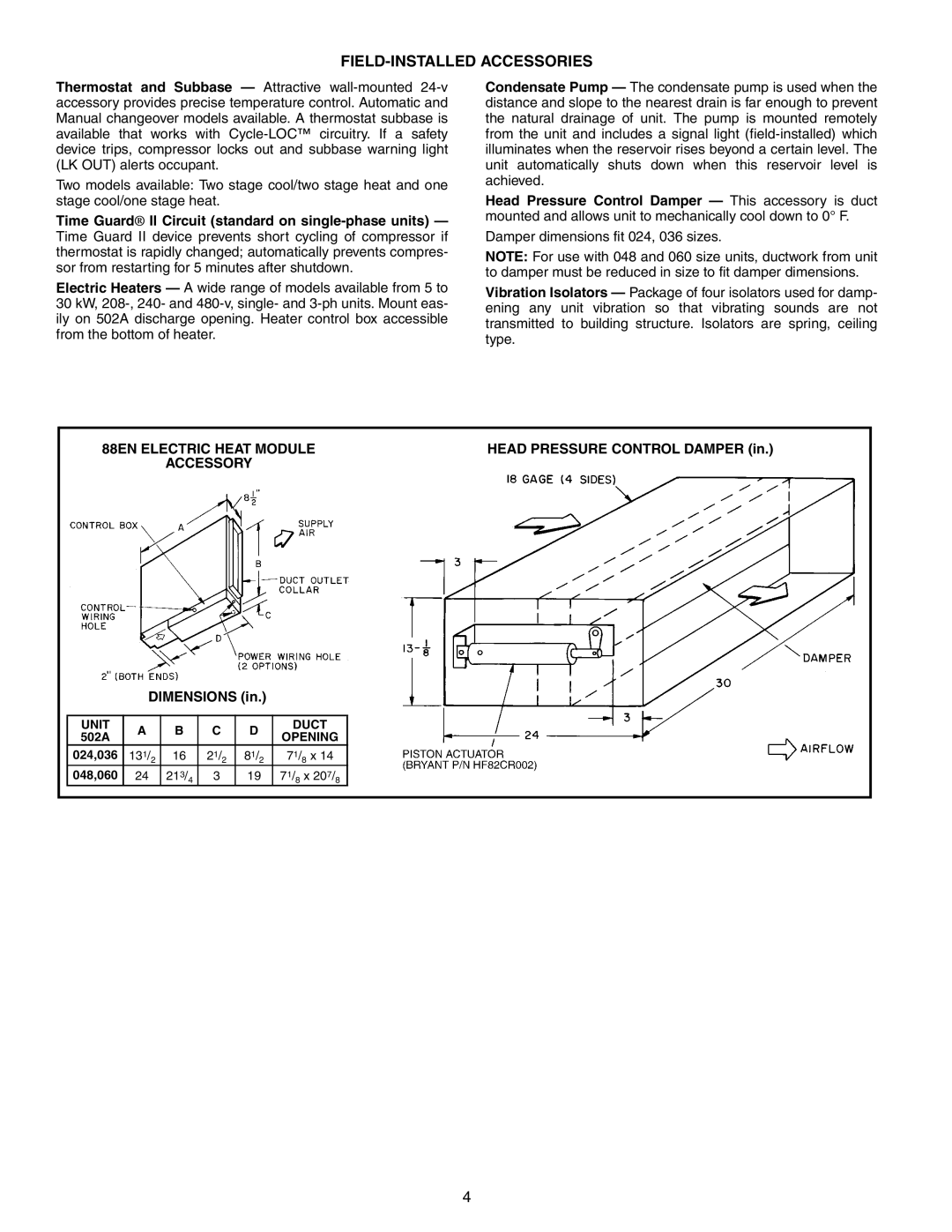 Bryant 502A FIELD-INSTALLED Accessories, 88EN Electric Heat Module, Head Pressure Control Damper, Accessory, Dimensions 