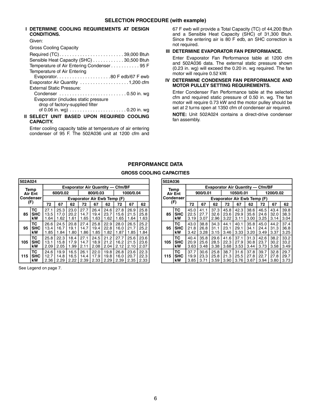 Bryant 502A manual Selection Procedure with example, Performance Data 