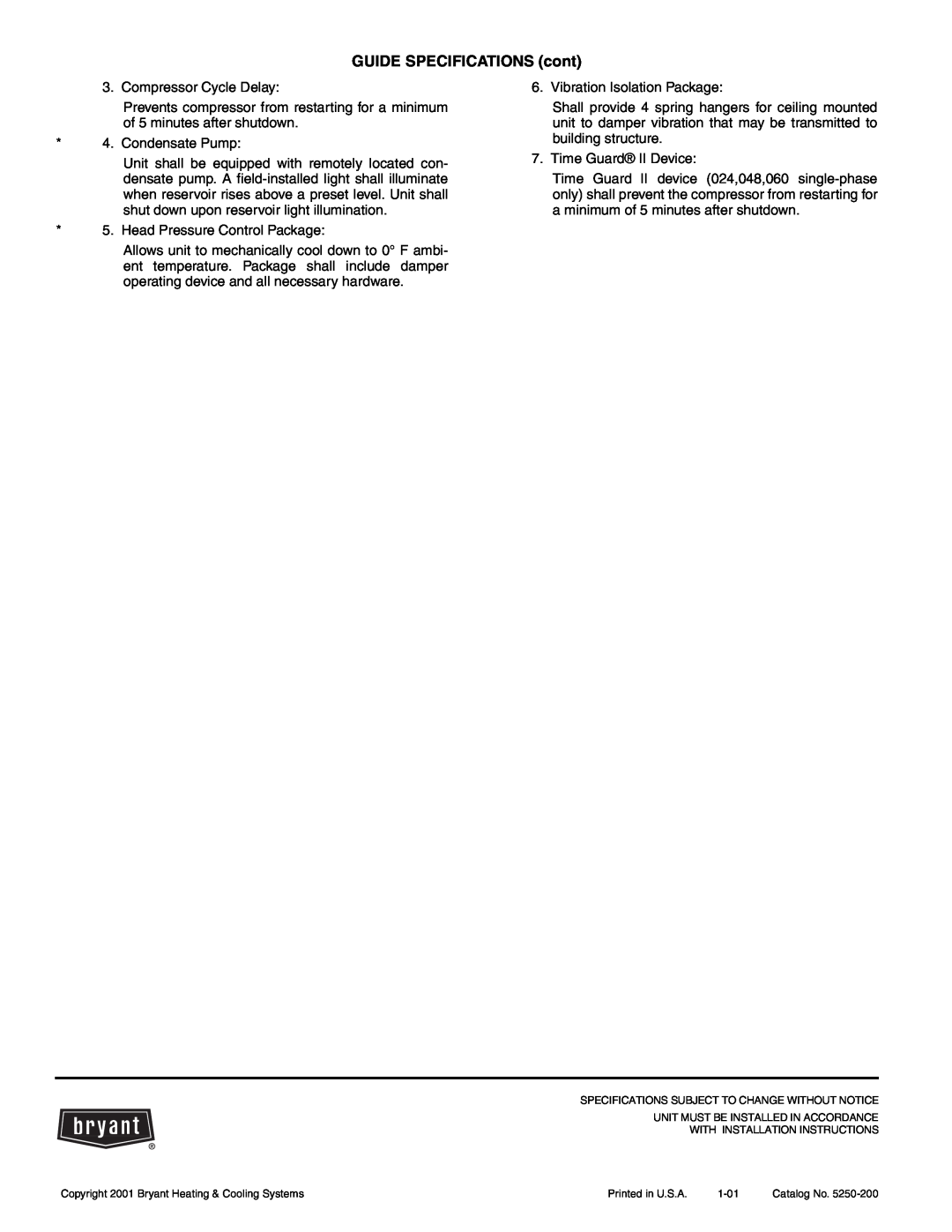 Bryant 502A manual GUIDE SPECIFICATIONS cont 