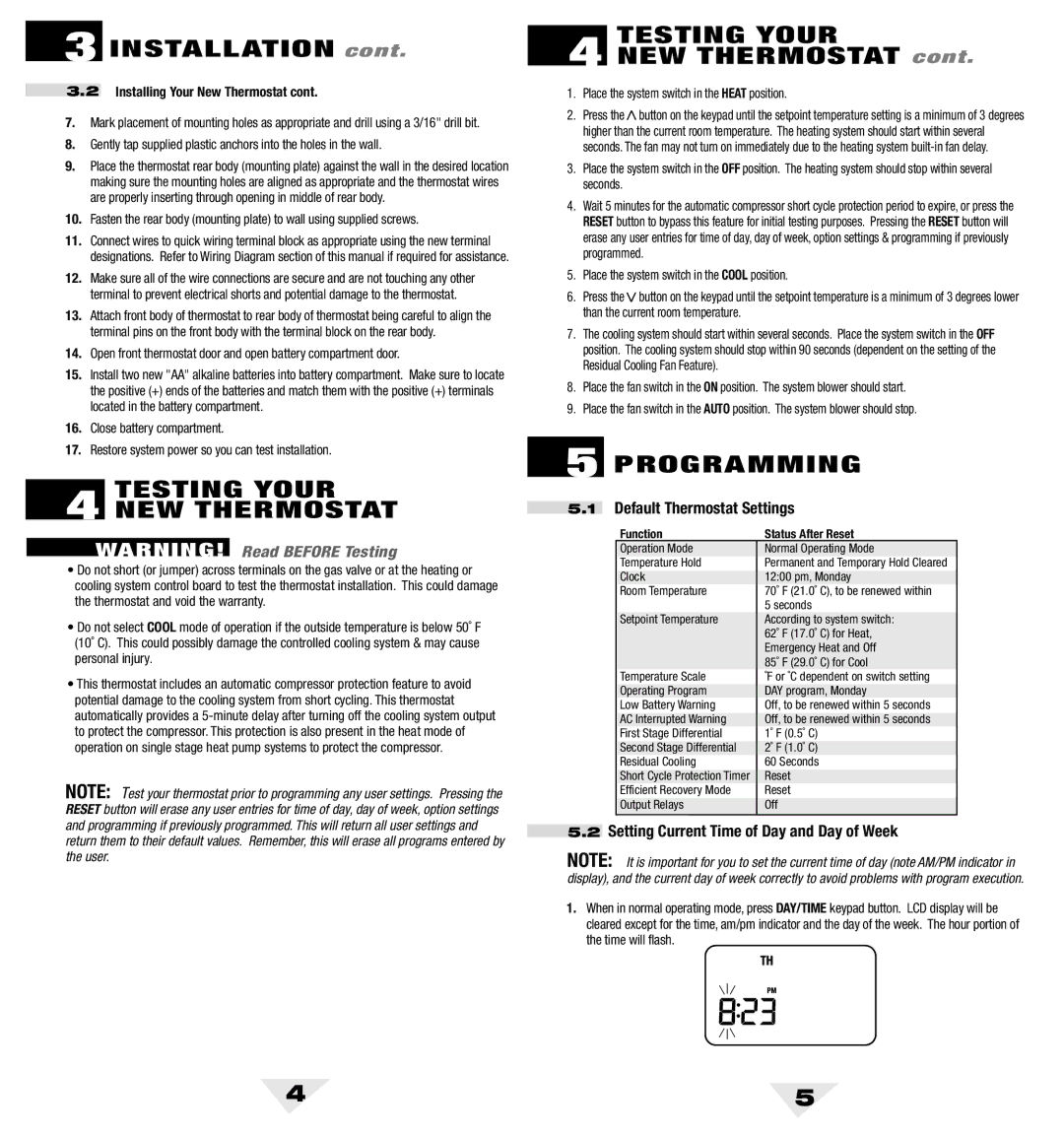 Bryant 5200 owner manual NEW Thermostat, Default Thermostat Settings, Setting Current Time of Day and Day of Week 