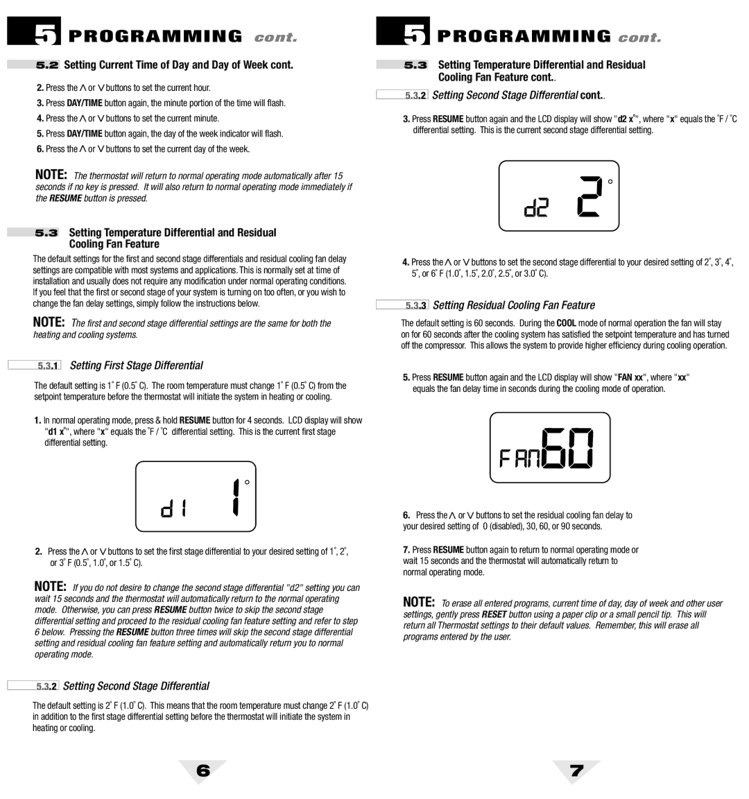 Bryant 5200 owner manual Programming, Setting First Stage Differential, Setting Second Stage Differential 