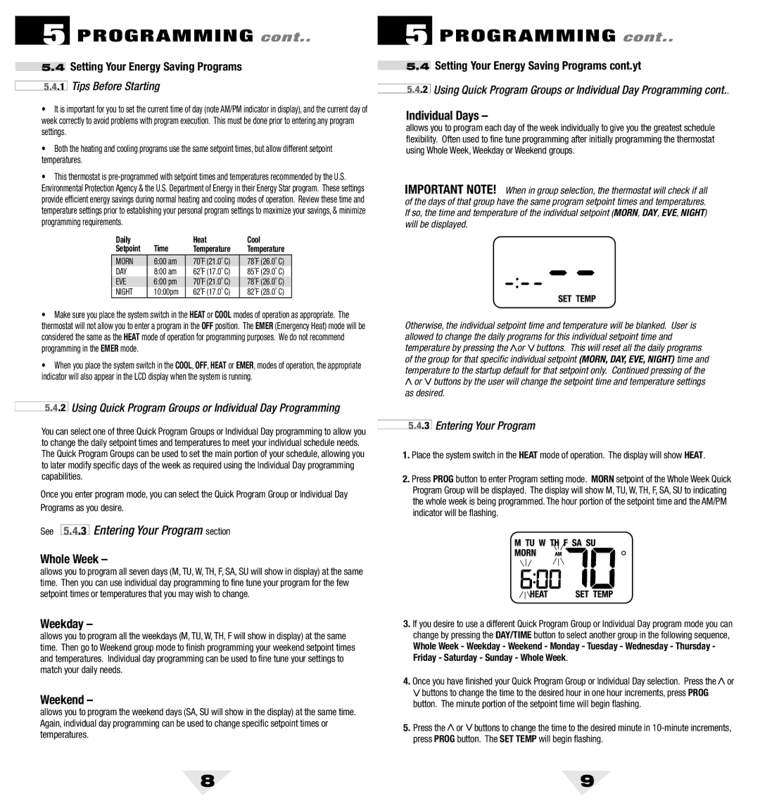 Bryant 5200 Using Quick Program Groups or Individual Day Programming, Setting Your Energy Saving Programs cont.yt 