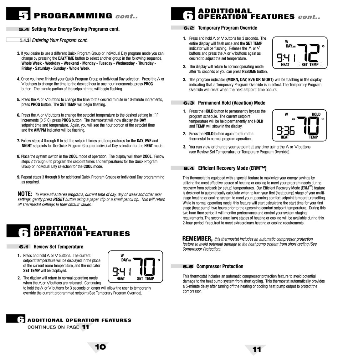 Bryant 5200 owner manual Additional Operation Features 