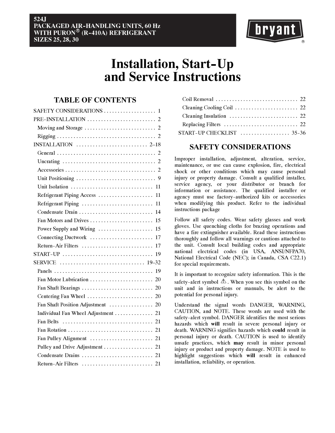 Bryant 524J manual Installation, Start-Up Service Instructions 