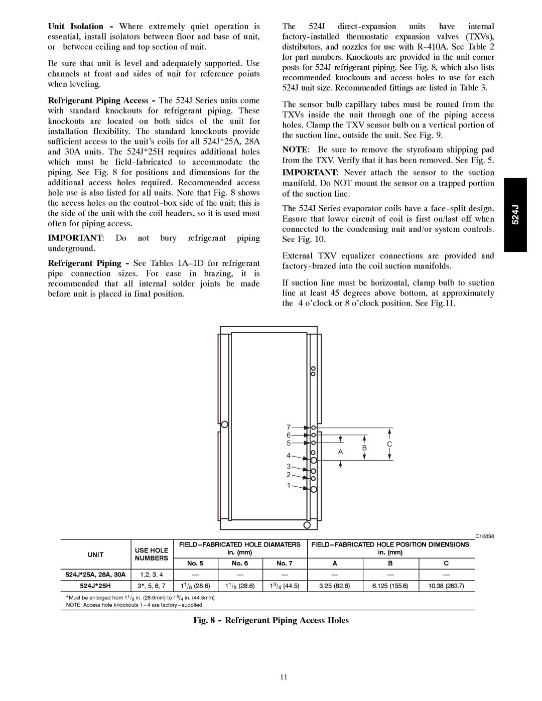 Bryant 524J manual Refrigerant Piping Access Holes 