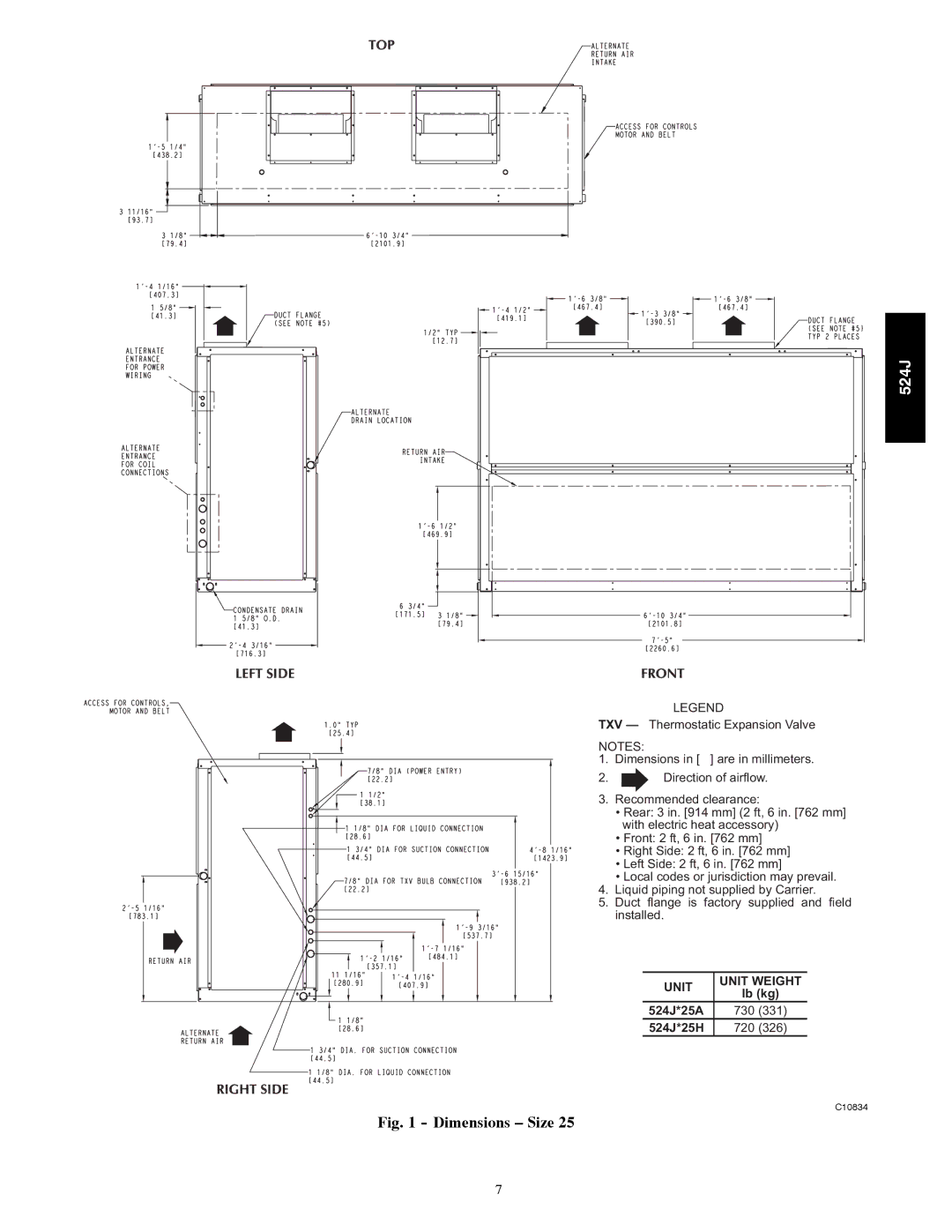 Bryant manual Unit Unit Weight, 524J*25A, 524J*25H 