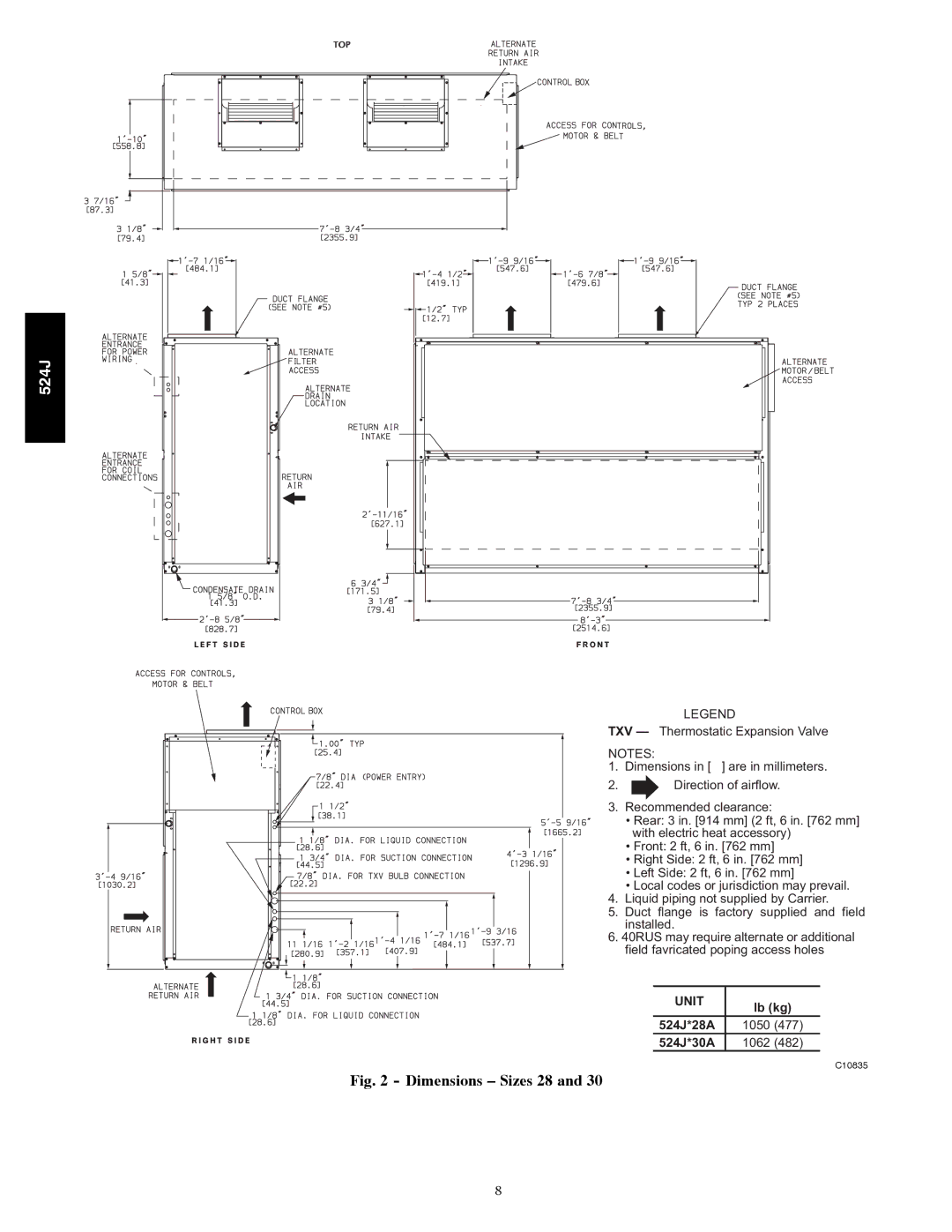 Bryant manual Unit, Lb kg, 524J*28A, 524J*30A 