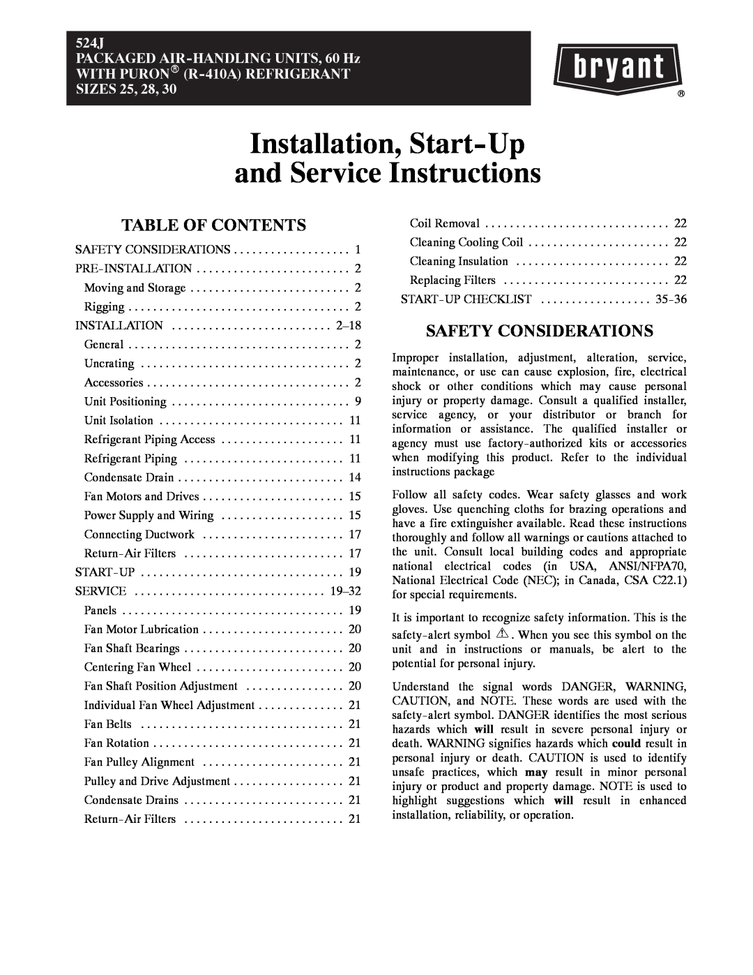 Bryant 524J manual Table Of Contents, Safety Considerations, Installation, Start-Up and Service Instructions 