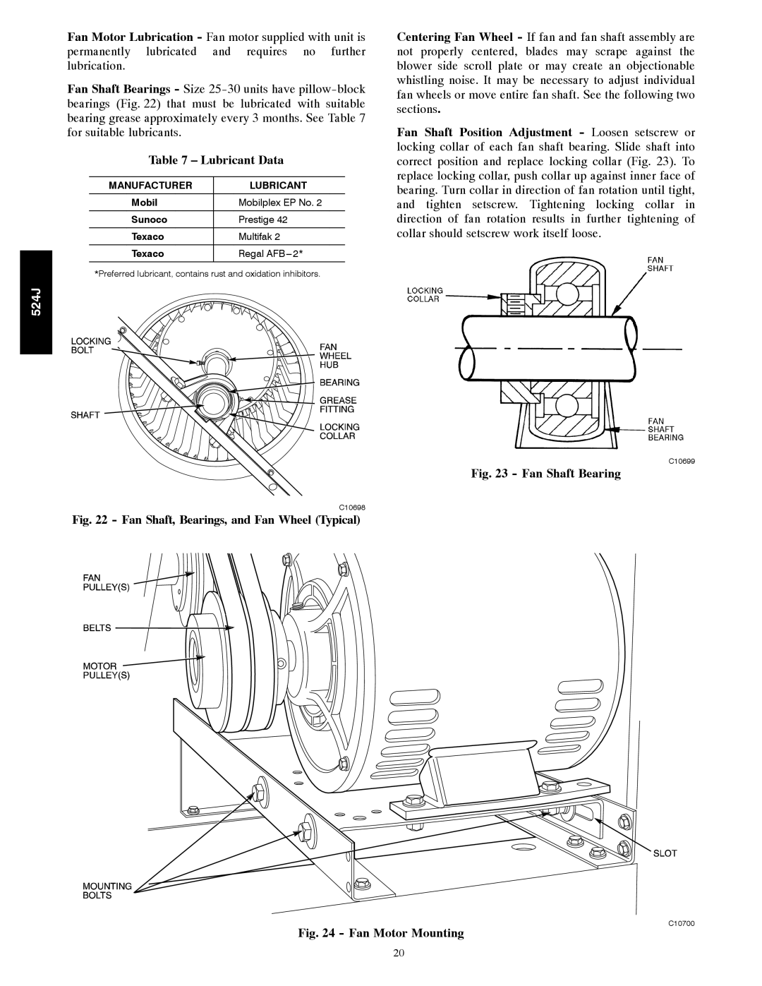 Bryant 524J manual Lubricant Data, Fan Shaft Bearing, Fan Motor Mounting 