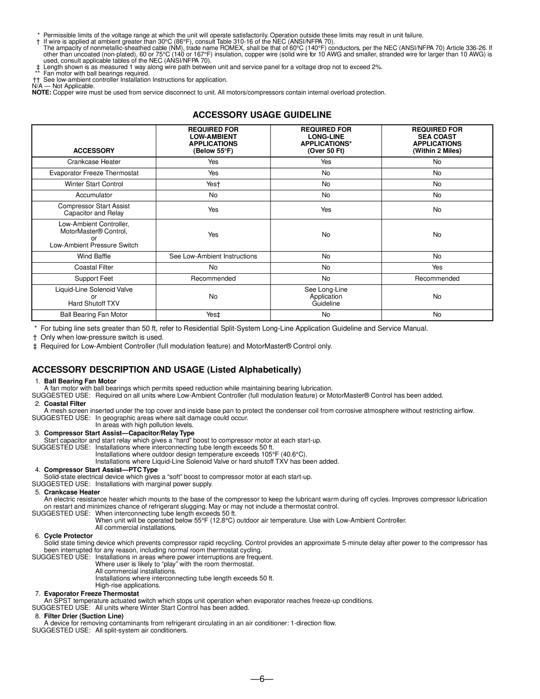 Bryant 533A warranty Accessory Usage Guideline, Required for LOW-AMBIENT LONG-LINE SEA Coast, Applications Accessory 