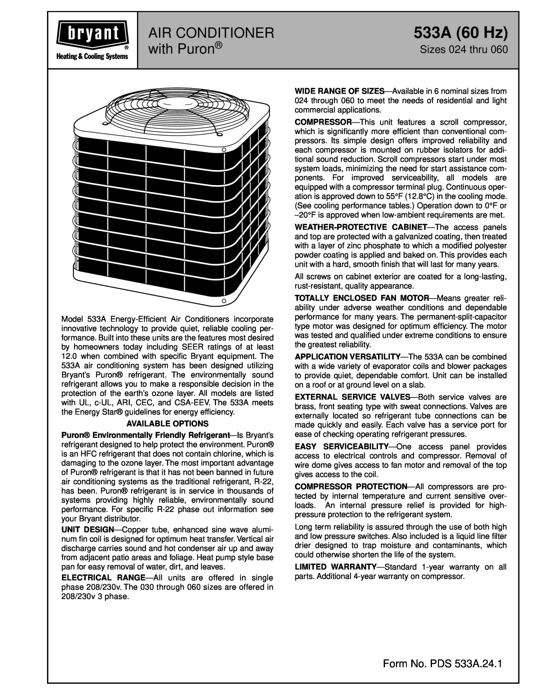 Bryant warranty 533A 60 Hz, Air Conditioner, with Puron, Sizes 024 thru, Form No. PDS 533A.24.1 