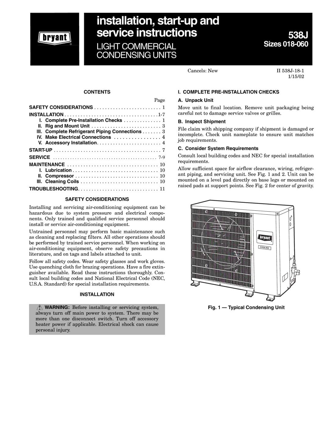 Bryant 538J-18-1 manual Contents, Safety Considerations, Installation Complete PRE-INSTALLATION Checks 