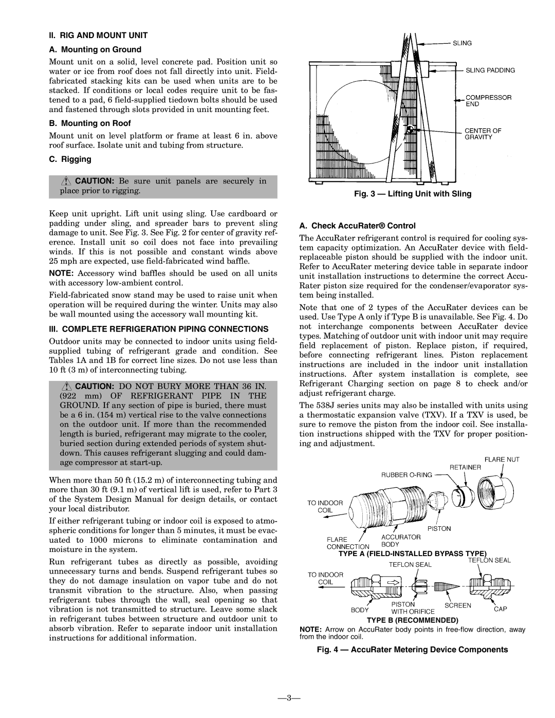 Bryant 538J-18-1 manual II. RIG and Mount Unit, Mounting on Ground, Mounting on Roof, Rigging 