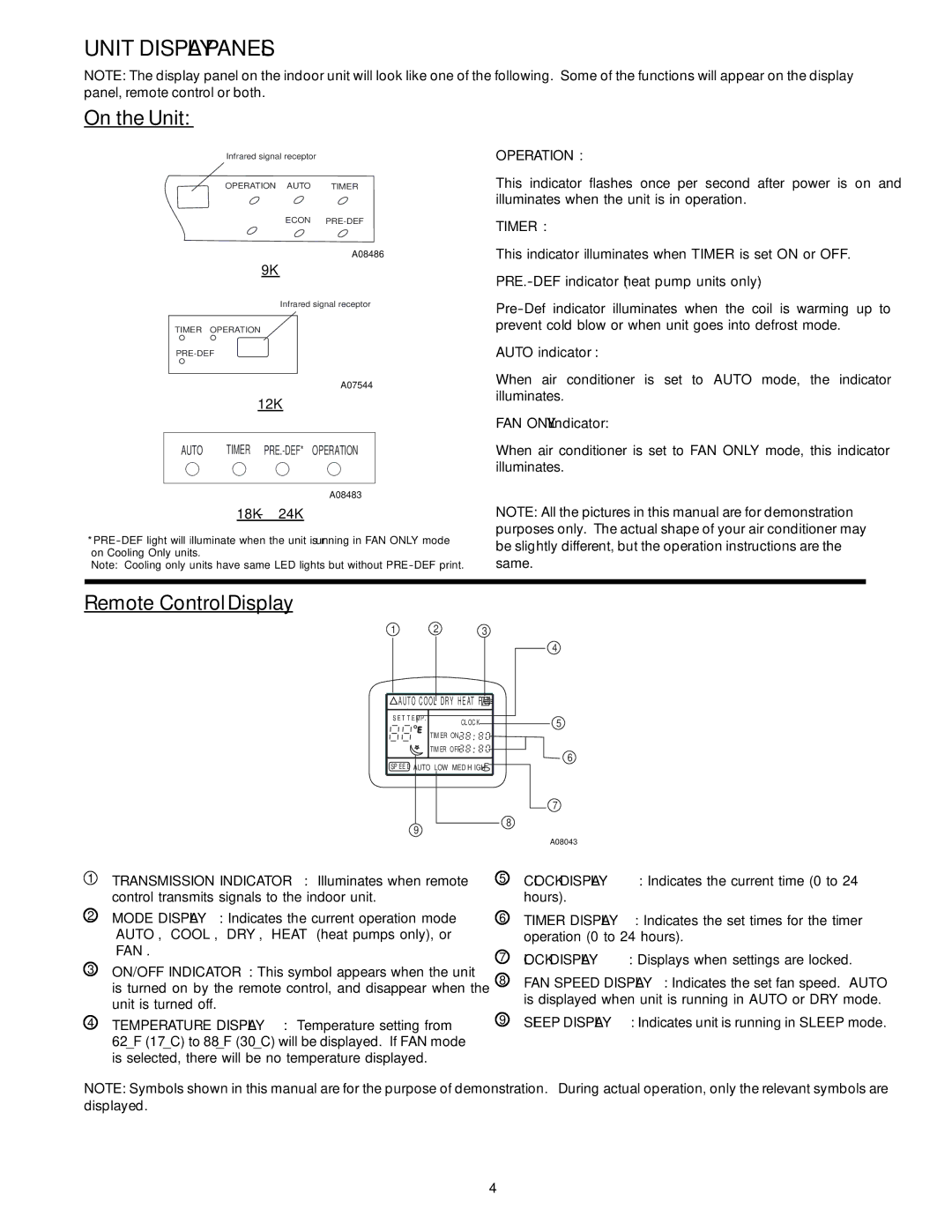 Bryant 619MAQ, 538MAC, 538MNQ, 538MNC, 538MAQ, 619MAC, 619MNC, 619MNQ owner manual Unit Display Panels, Operation, Timer 