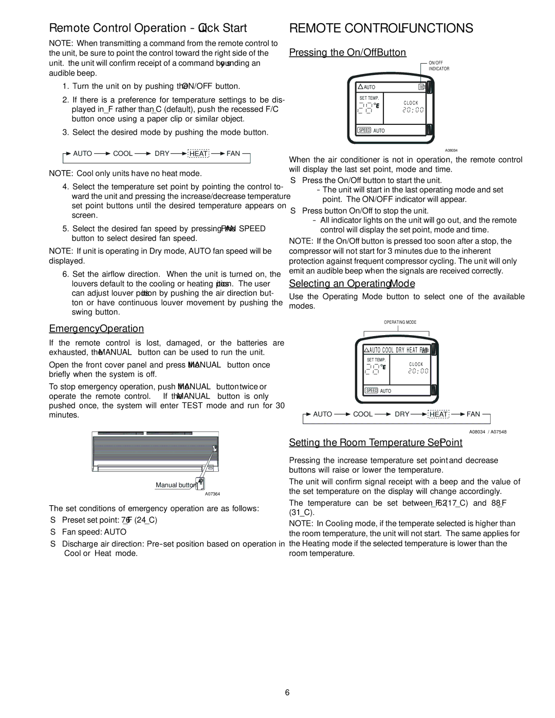 Bryant 619MNC Remote Control Functions, Emergency Operation, Pressing the On/Off Button, Selecting an Operating Mode 