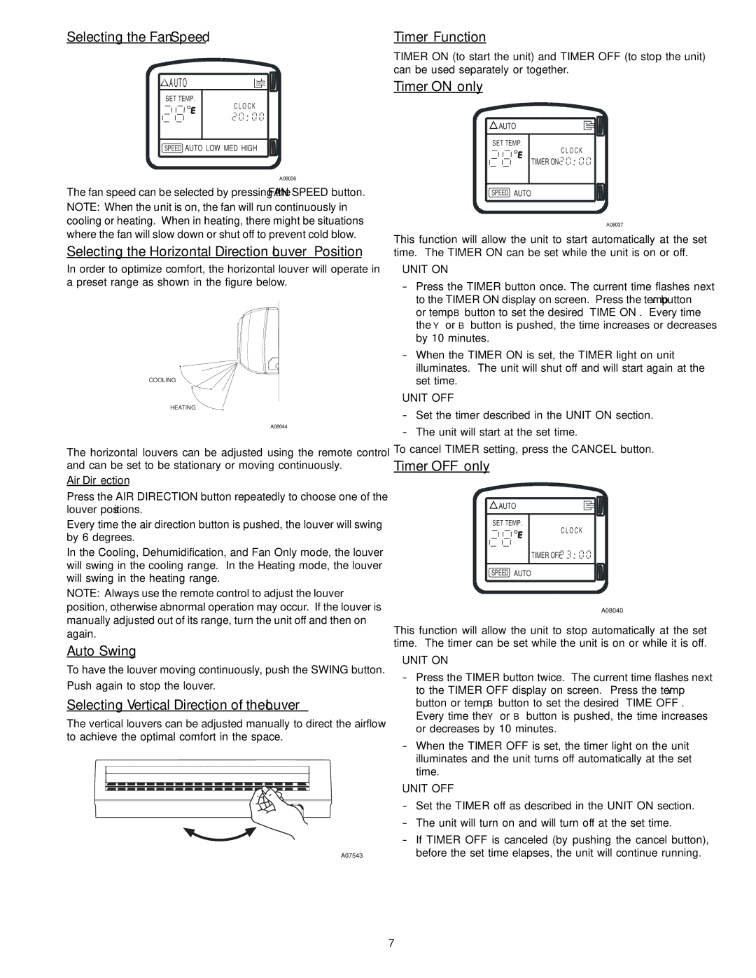 Bryant 619MNQ Selecting the Fan Speed, Selecting the Horizontal Direction Louver Position, Auto Swing, Timer Function 