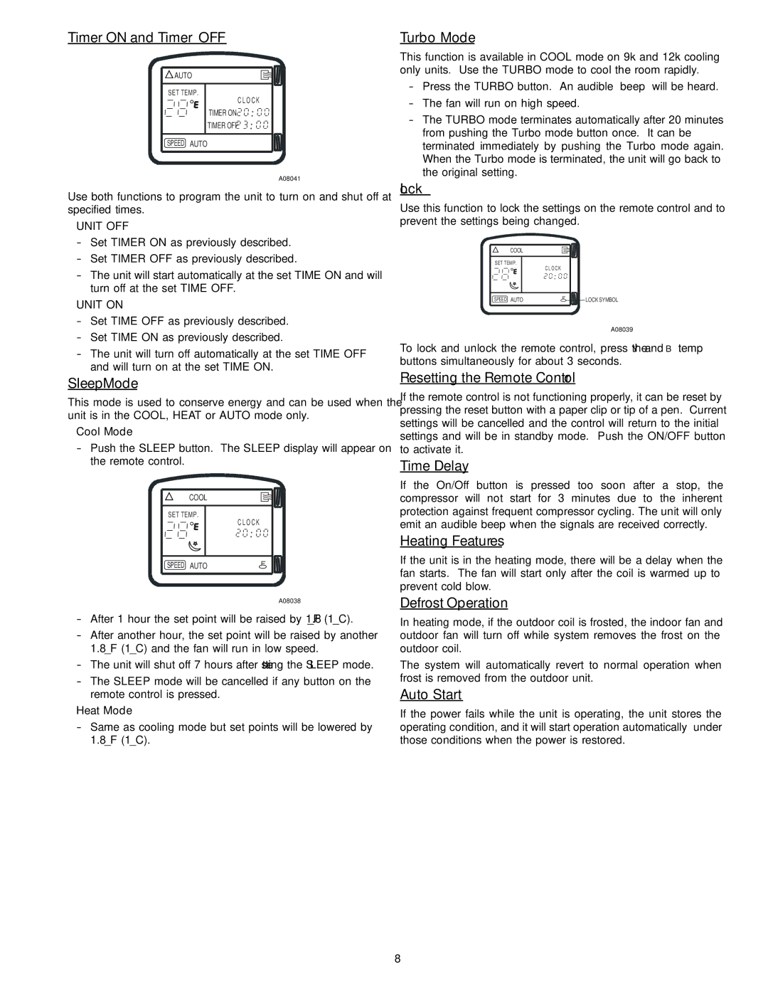 Bryant 538MAC Timer on and Timer OFF, Sleep Mode, Turbo Mode, Lock, Resetting the Remote Control, Time Delay, Auto Start 