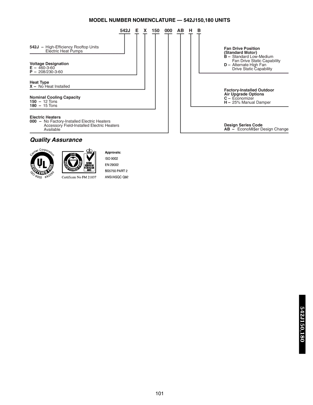 Bryant 549B, 548F manual Model Number Nomenclature 542J150,180 Units, 542J E X 150 000 AB H B 