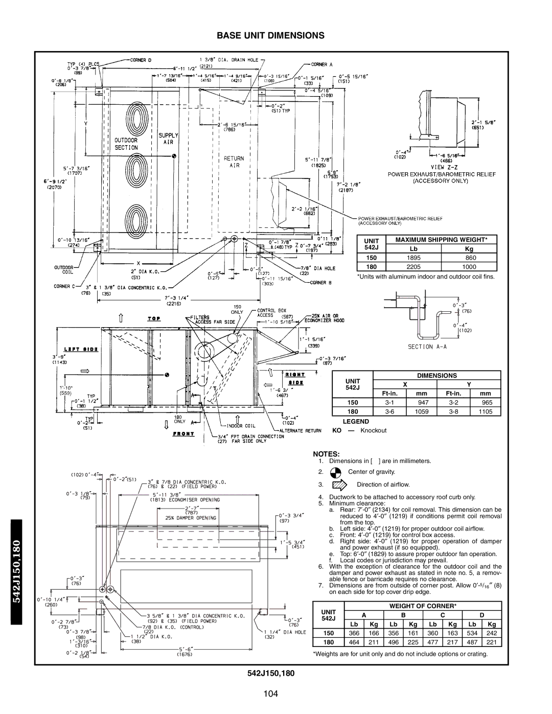 Bryant 549B, 548F Unit Maximum Shipping Weight, 542J 150 1895 860 180 2205 1000, Unit Dimensions, Unit Weight of Corner 