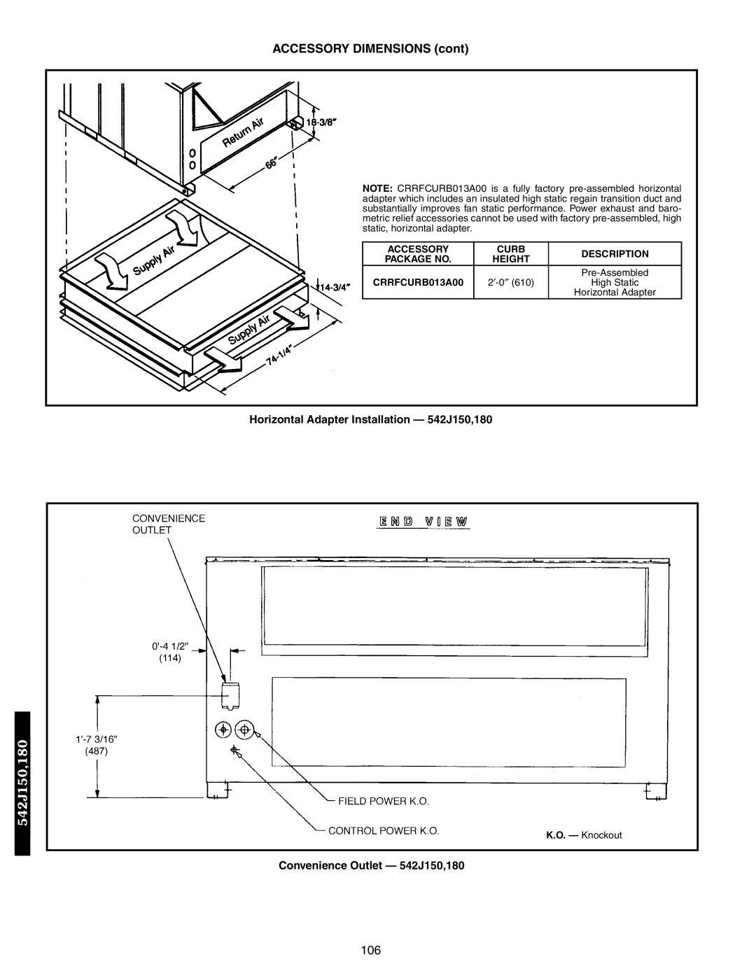 Bryant 548F, 549B Horizontal Adapter Installation 542J150,180, Convenience Outlet 542J150,180, Accessory Curb Description 