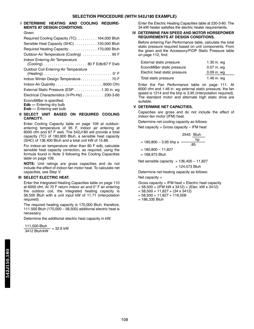 Bryant 548F, 549B manual Selection Procedure with 542J180 Example, Capacity TC of 180,800 Btuh, a sensible heat capacity 