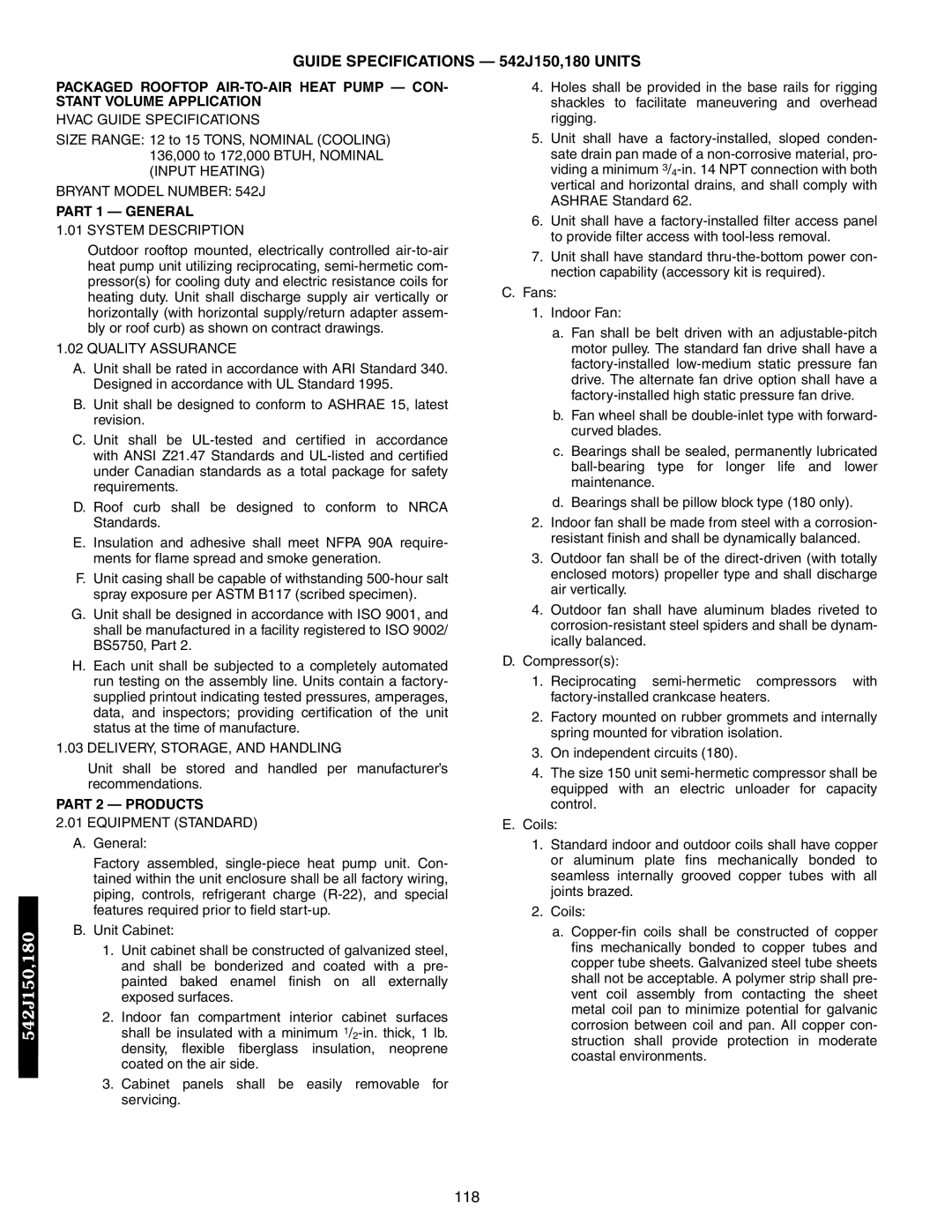 Bryant 548F, 549B manual Guide Specifications 542J150,180 Units, Part 1 General, Part 2 Products 