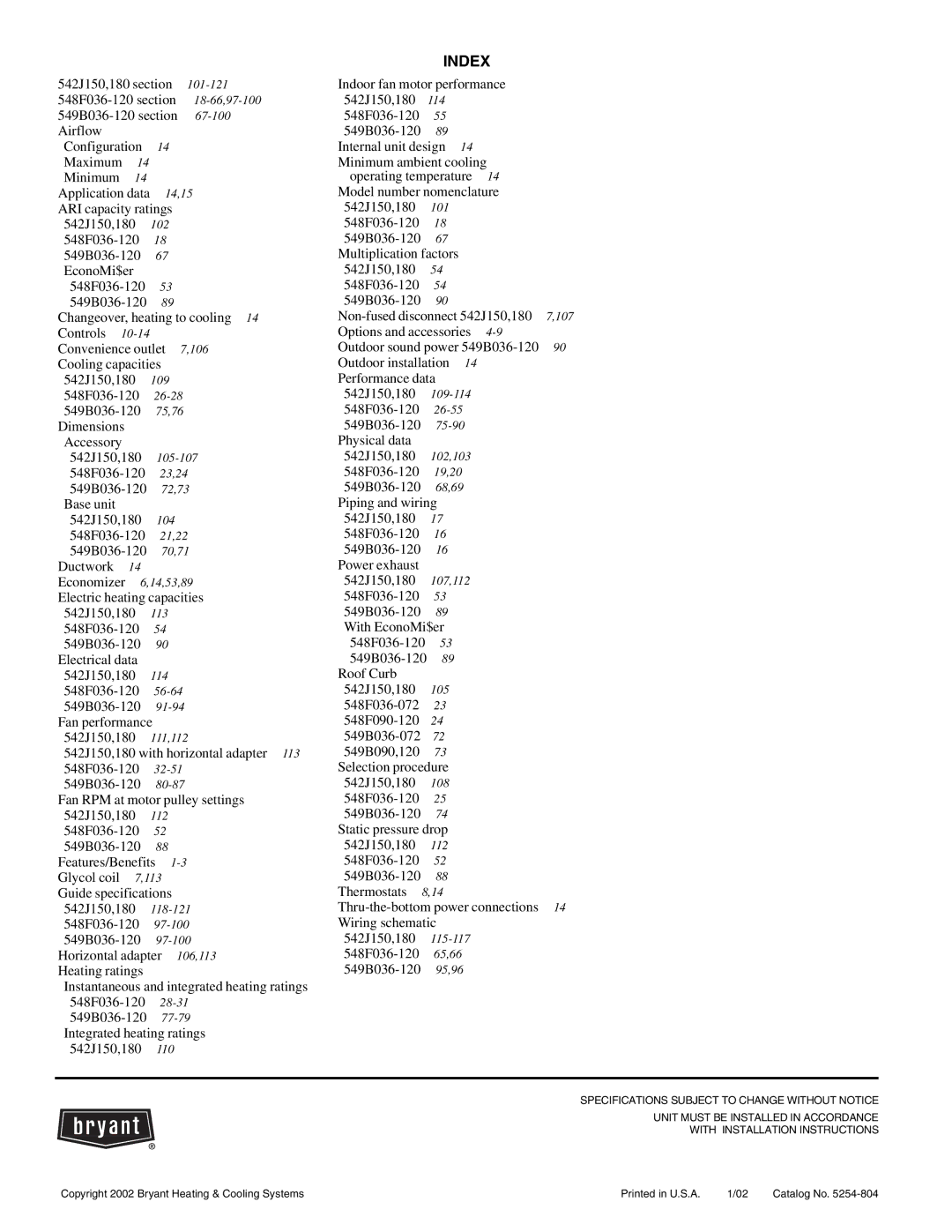 Bryant 549B, 542J, 548F manual Index, 95,96 