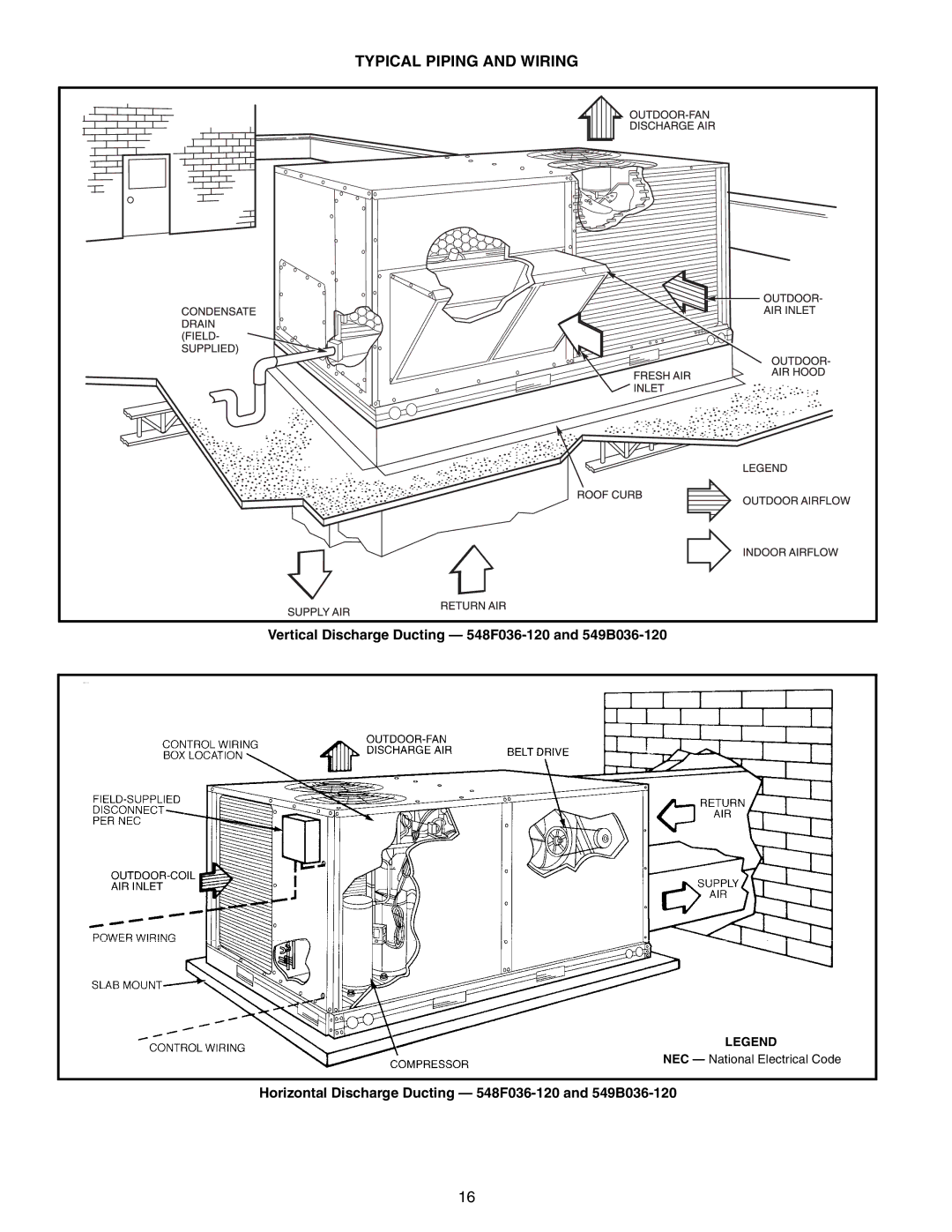 Bryant 542J manual Typical Piping and Wiring, Horizontal Discharge Ducting 548F036-120 and 549B036-120 