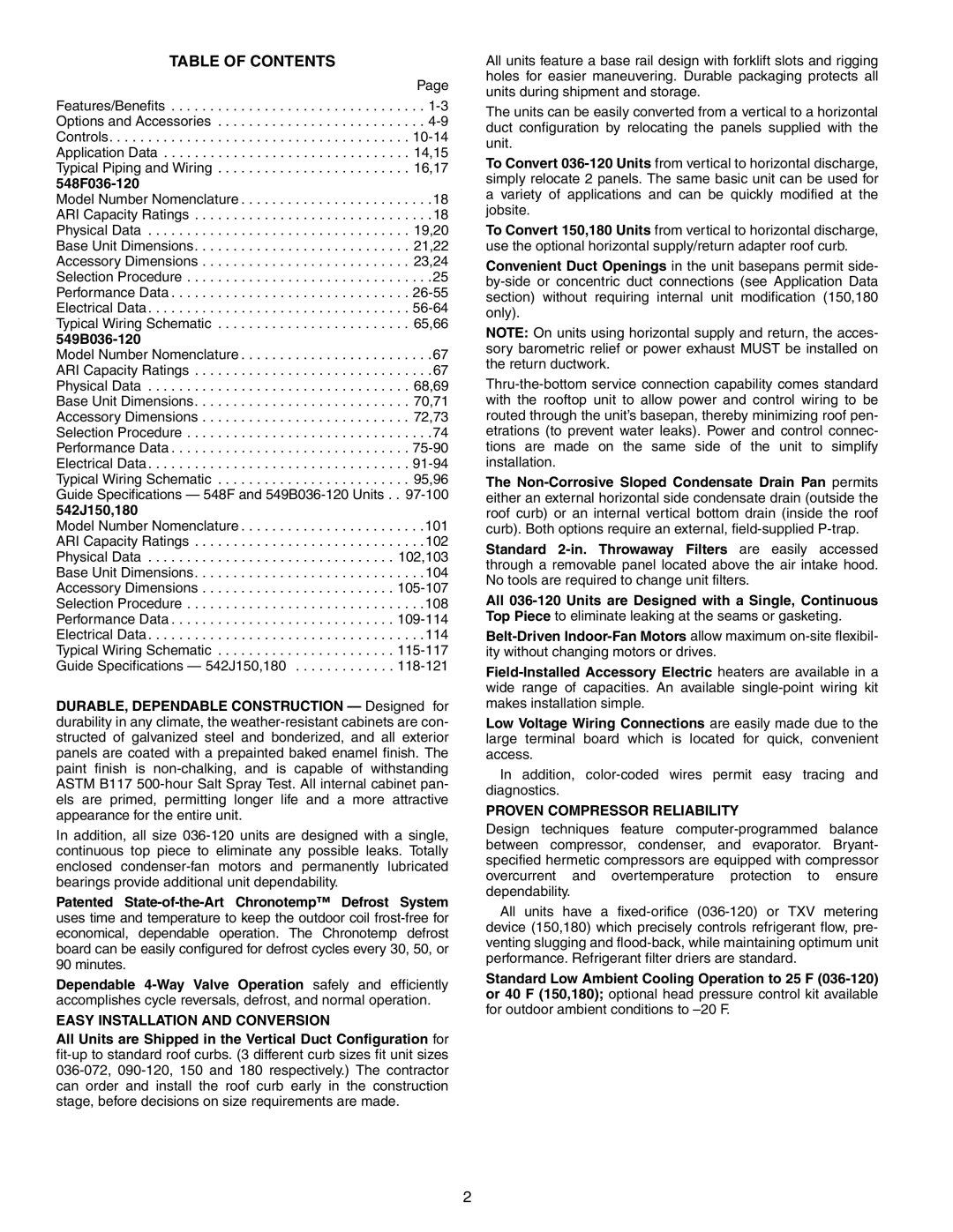 Bryant 549B, 542J, 548F manual Table of Contents 