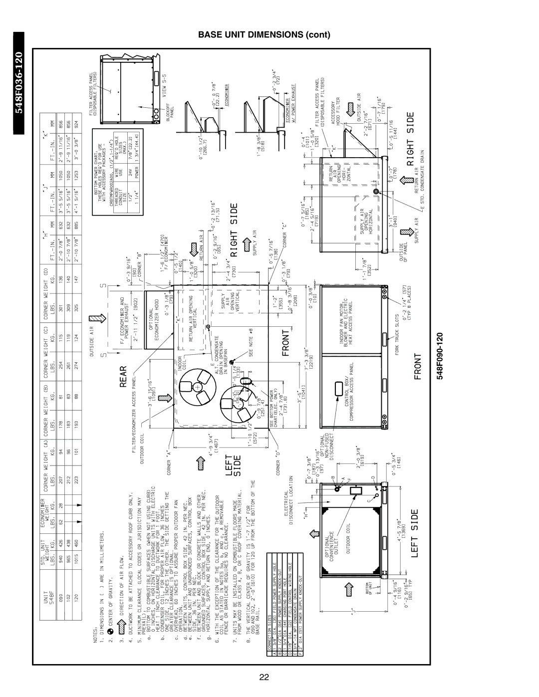 Bryant 548F, 542J, 549B manual Base Unit Dimensions 