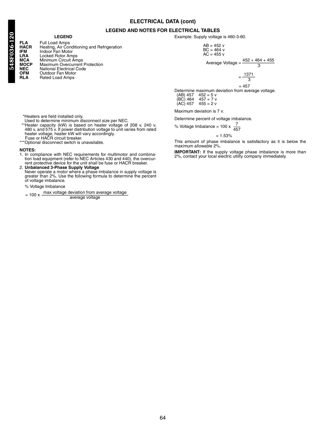 Bryant 548F, 542J, 549B manual Unbalanced 3-Phase Supply Voltage 