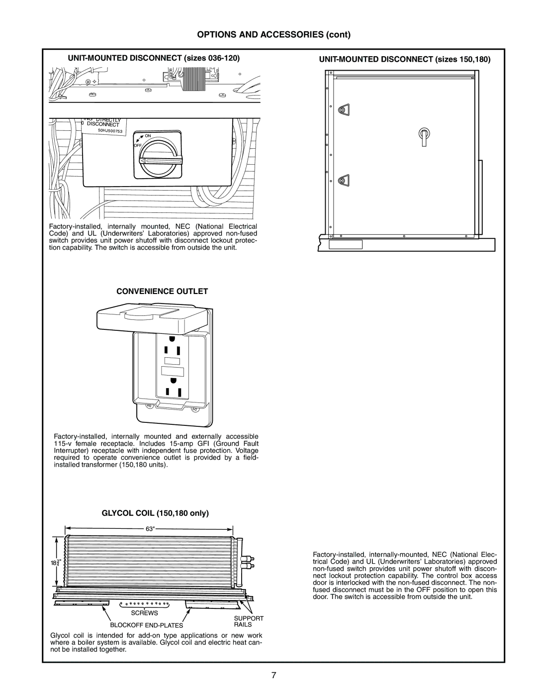 Bryant 548F, 542J, 549B manual Convenience Outlet, Glycol Coil 150,180 only 