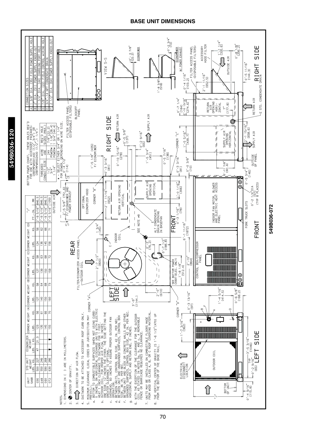 Bryant 548F, 542J, 549B manual Base Unit Dimensions 