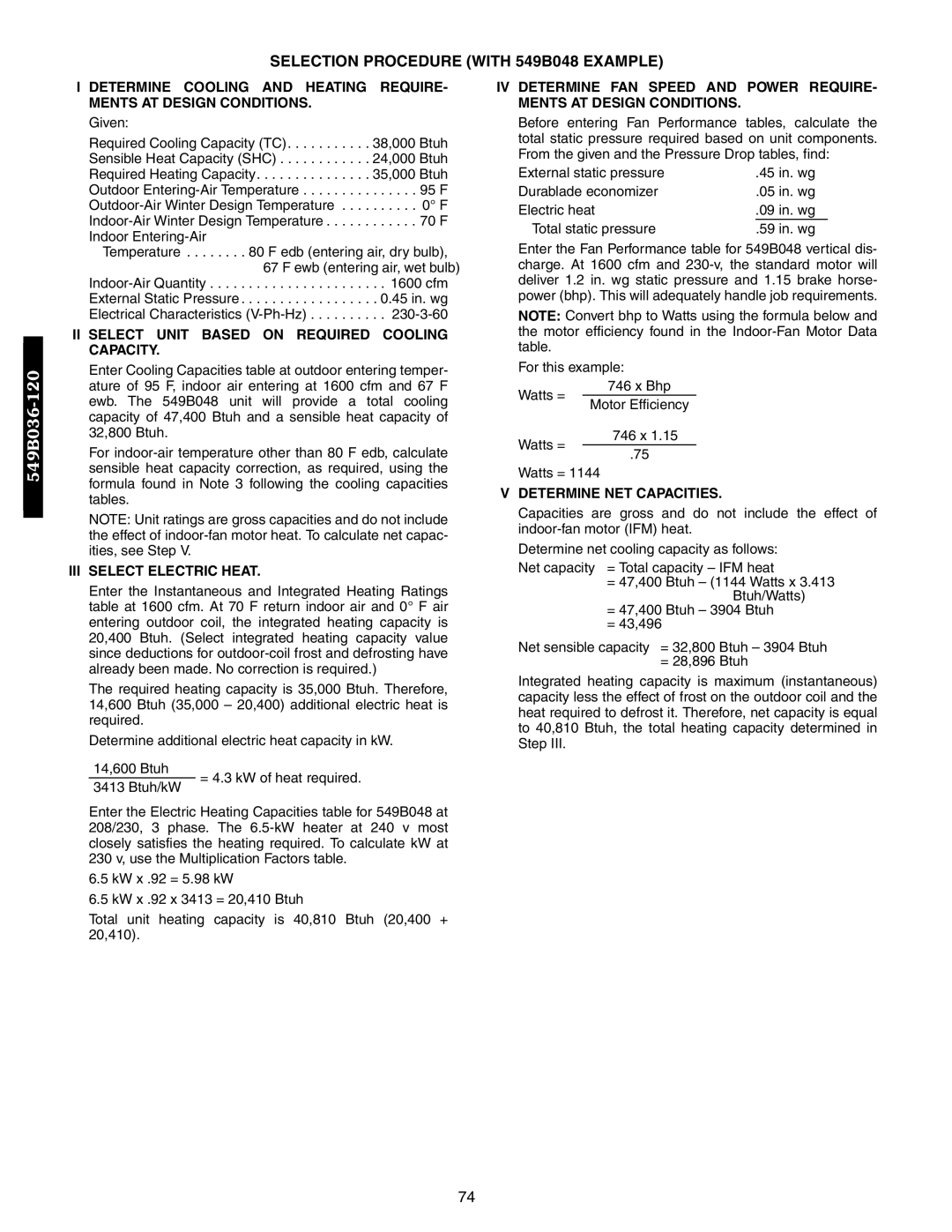 Bryant 542J, 548F manual Selection Procedure with 549B048 Example, II Select Unit Based on Required Cooling, Capacity 