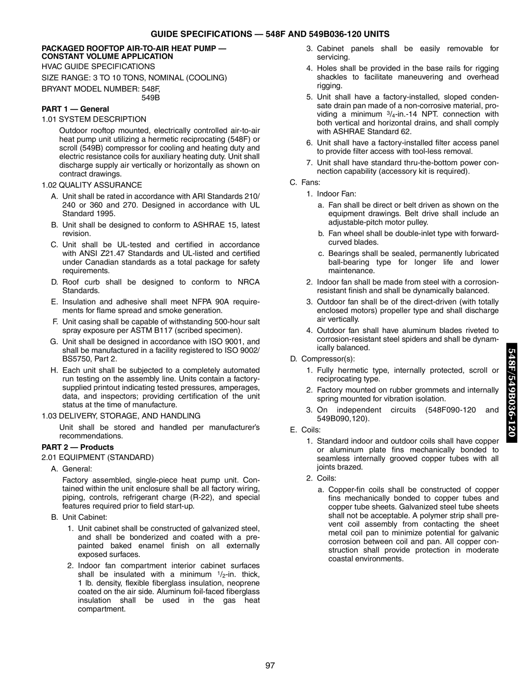 Bryant 542J manual Guide Specifications 548F and 549B036-120 Units, Part 1 General, Part 2 Products 