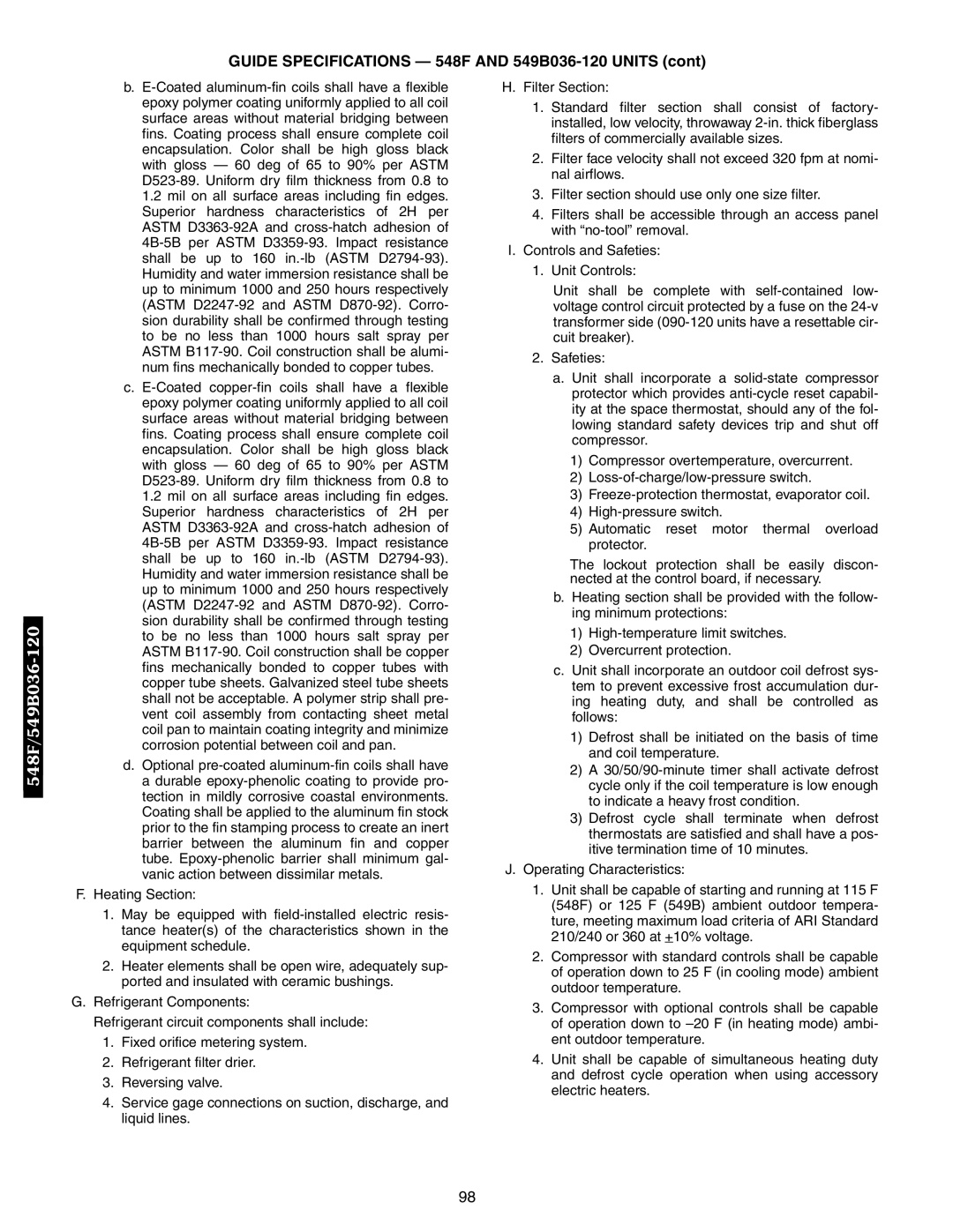 Bryant 542J manual Guide Specifications 548F and 549B036-120 Units 