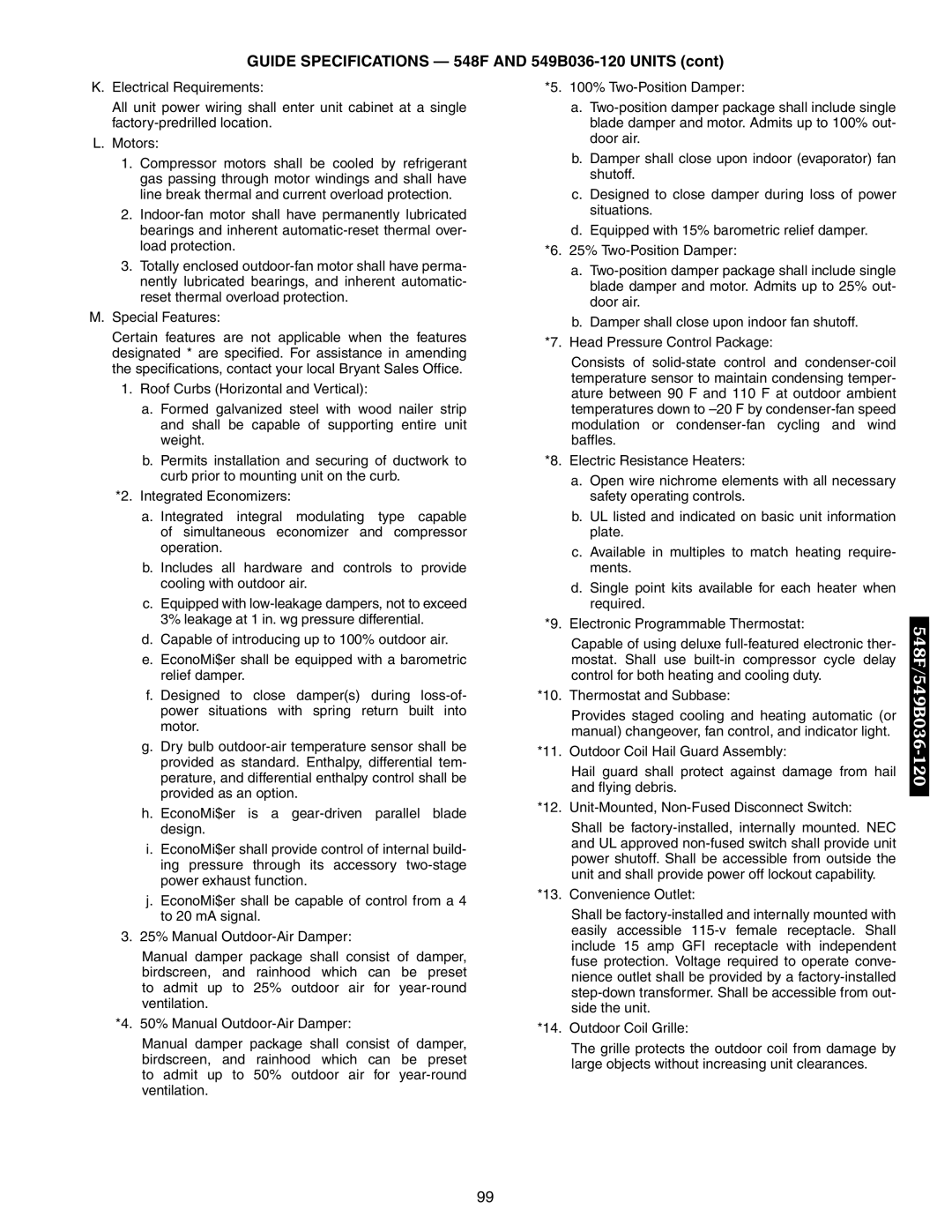 Bryant 542J manual Guide Specifications 548F and 549B036-120 Units 