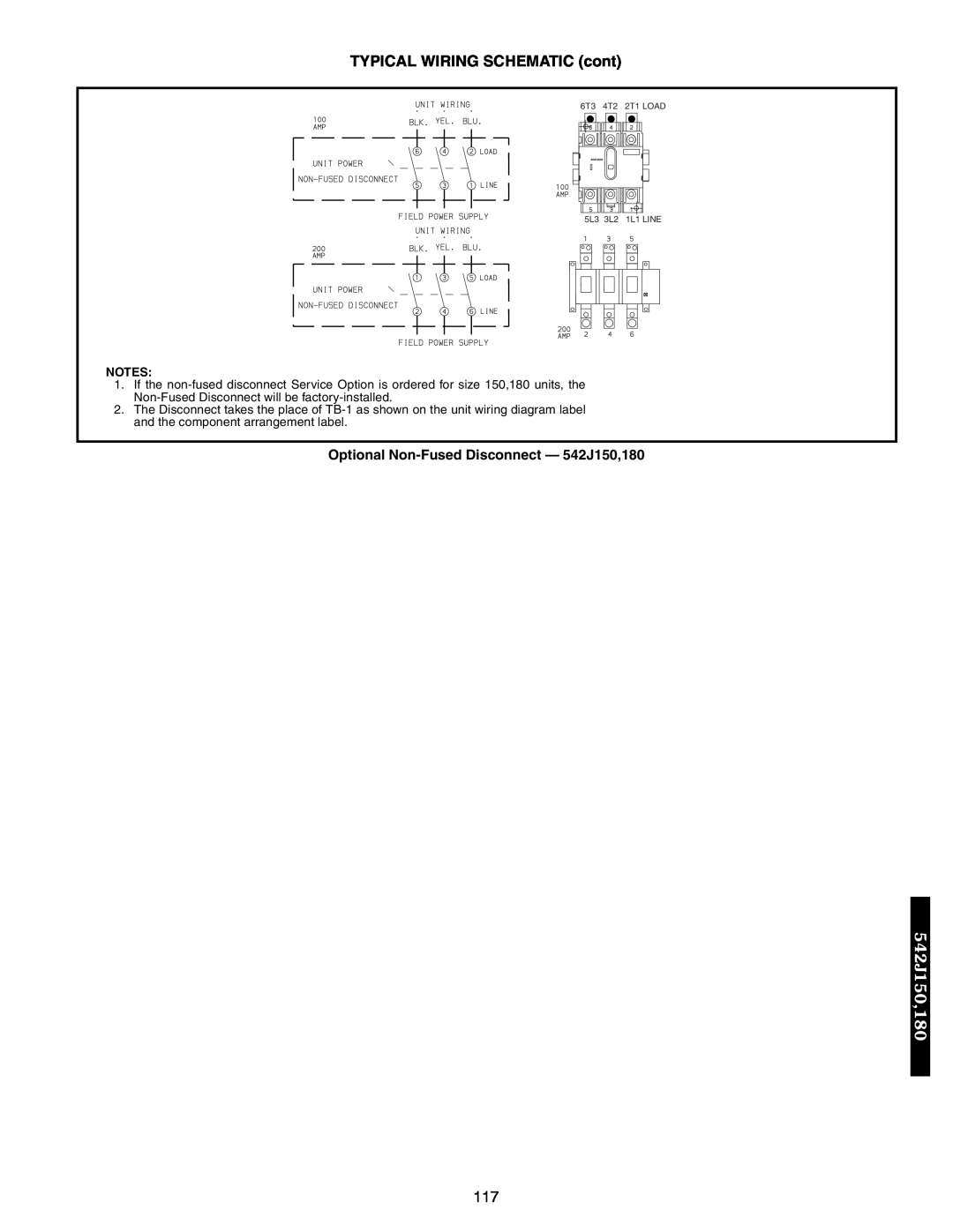 Bryant Optional Non-FusedDisconnect — 542J150,180, TYPICAL WIRING SCHEMATIC cont, 6T3 4T2 2T1 LOAD 5L3 3L2 1L1 LINE 