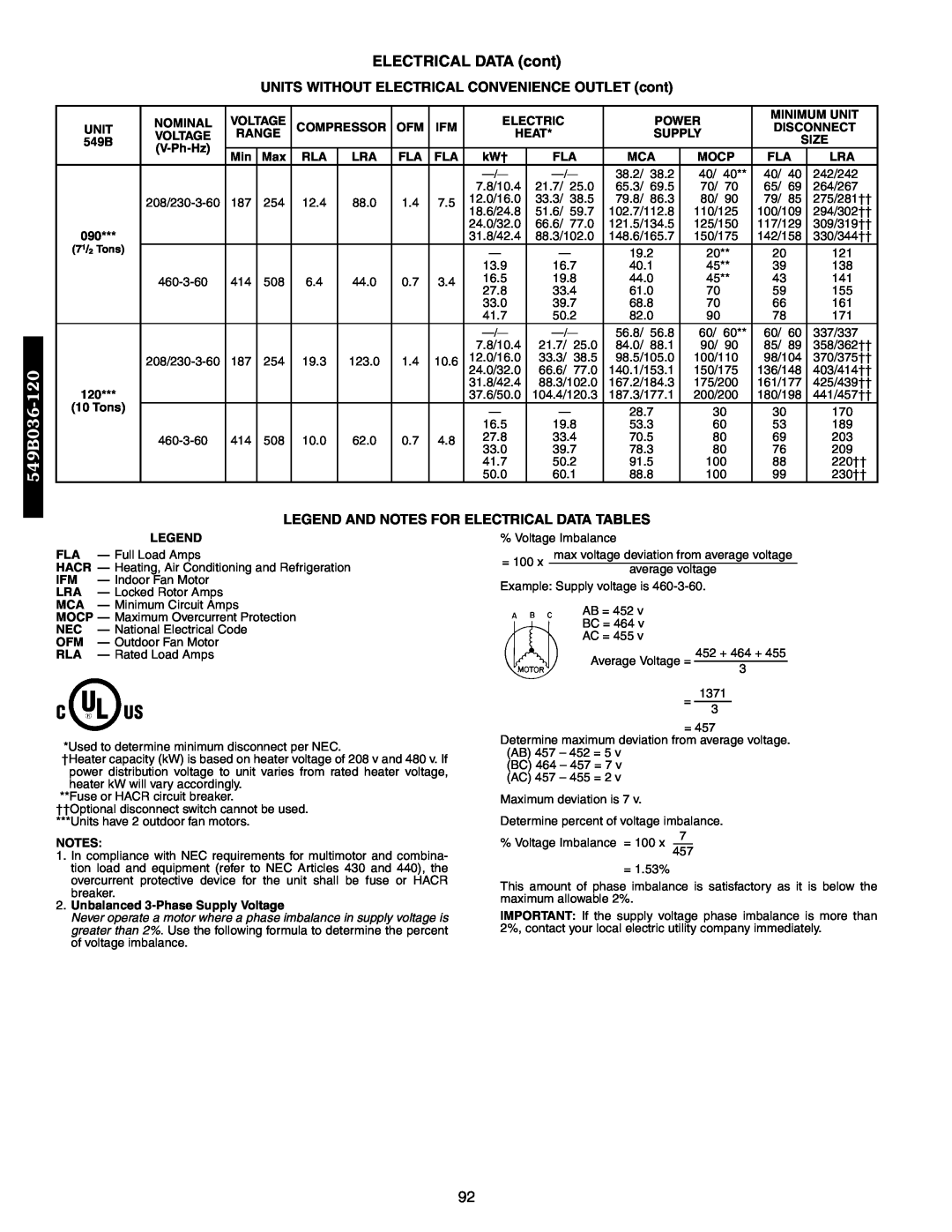 Bryant 542J, 548F manual Legend And Notes For Electrical Data Tables, ELECTRICAL DATA cont, 549B036-120 