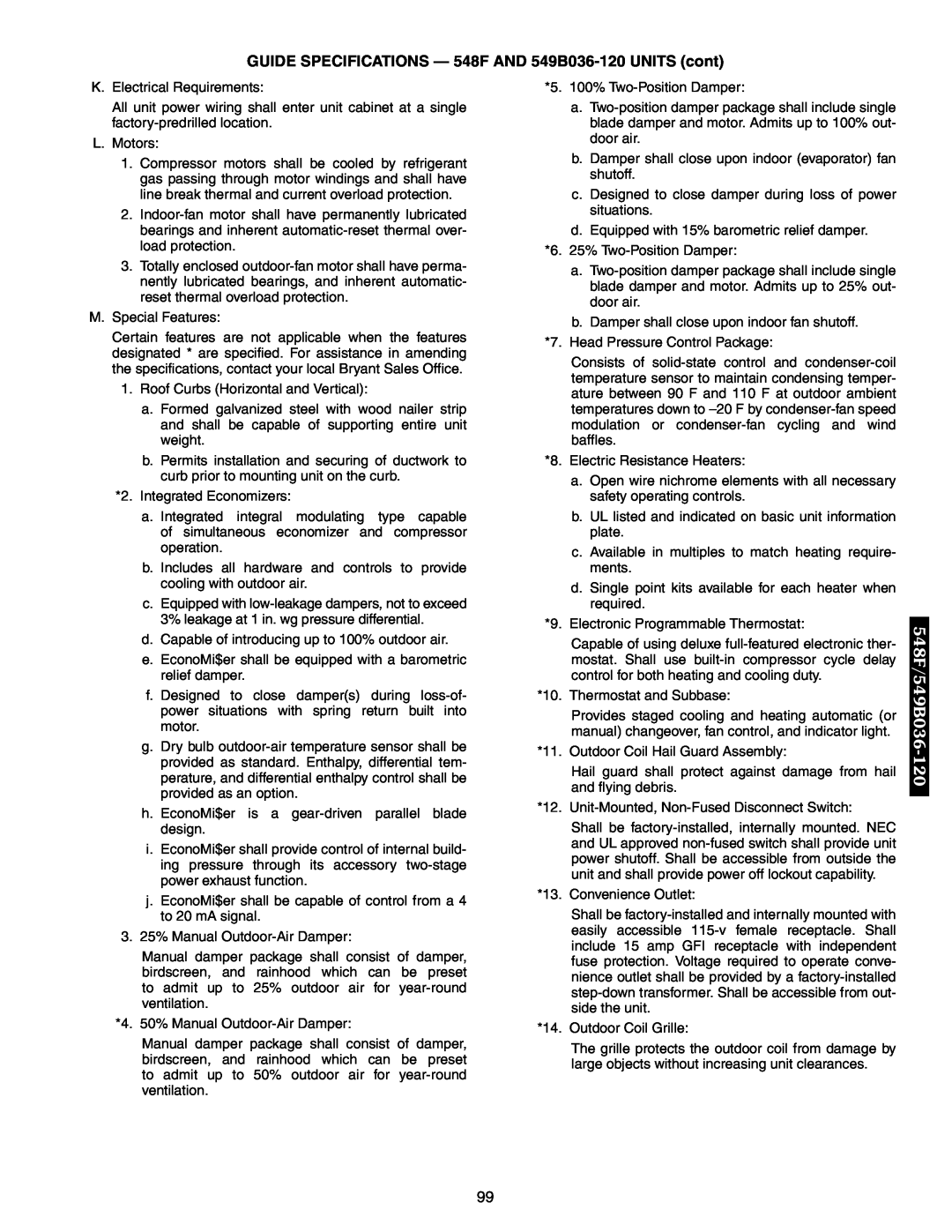 Bryant 542J manual 548F/549B036-120, K.Electrical Requirements 
