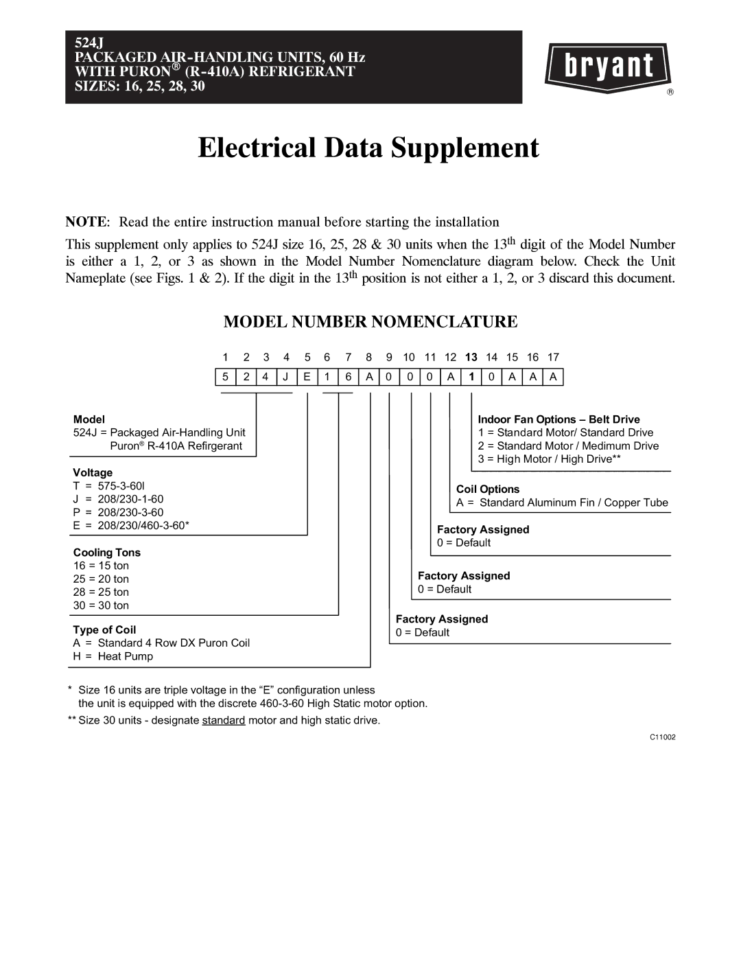 Bryant 542J instruction manual Electrical Data Supplement, Model Number Nomenclature 