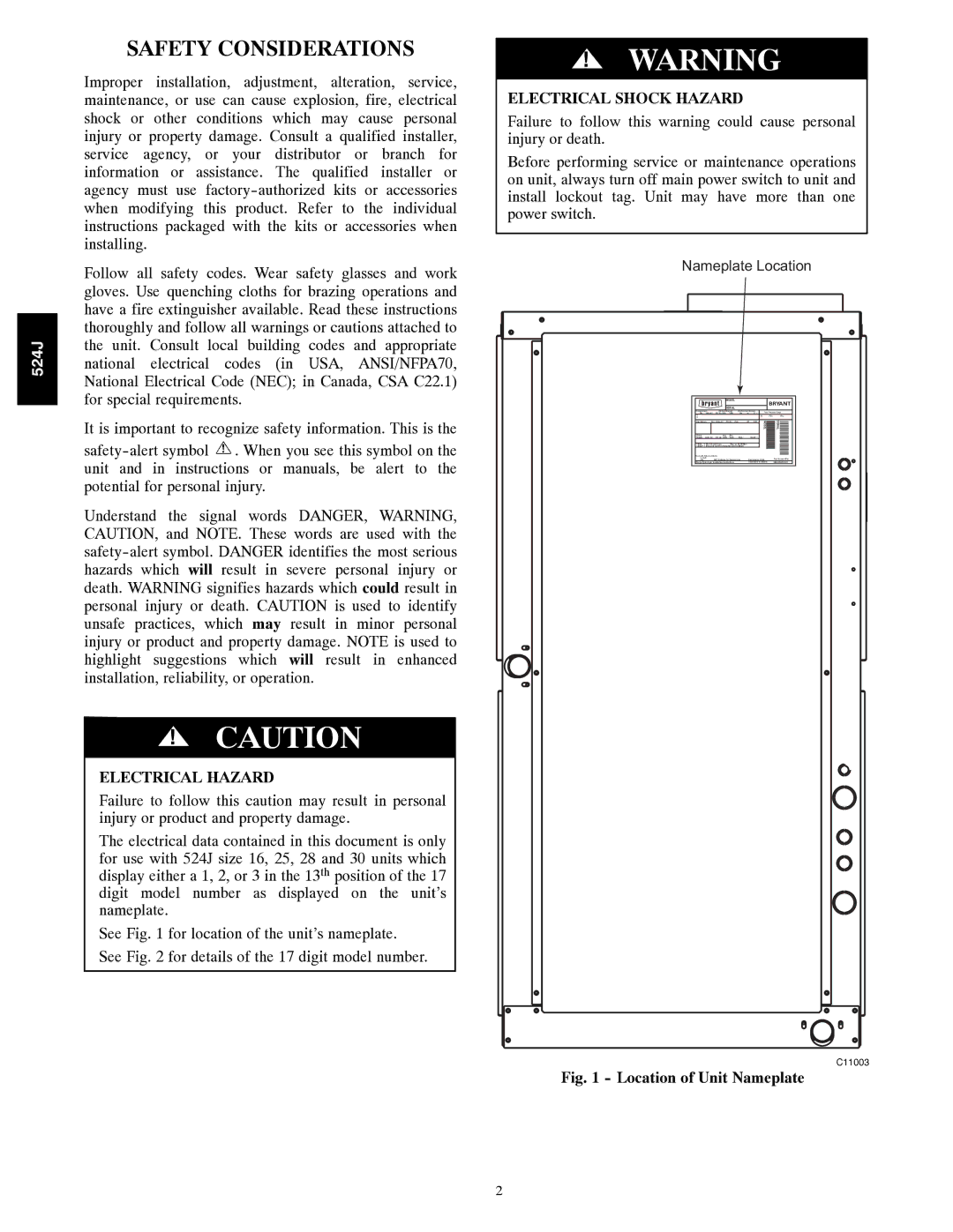 Bryant 542J instruction manual Safety Considerations, Electrical Hazard 