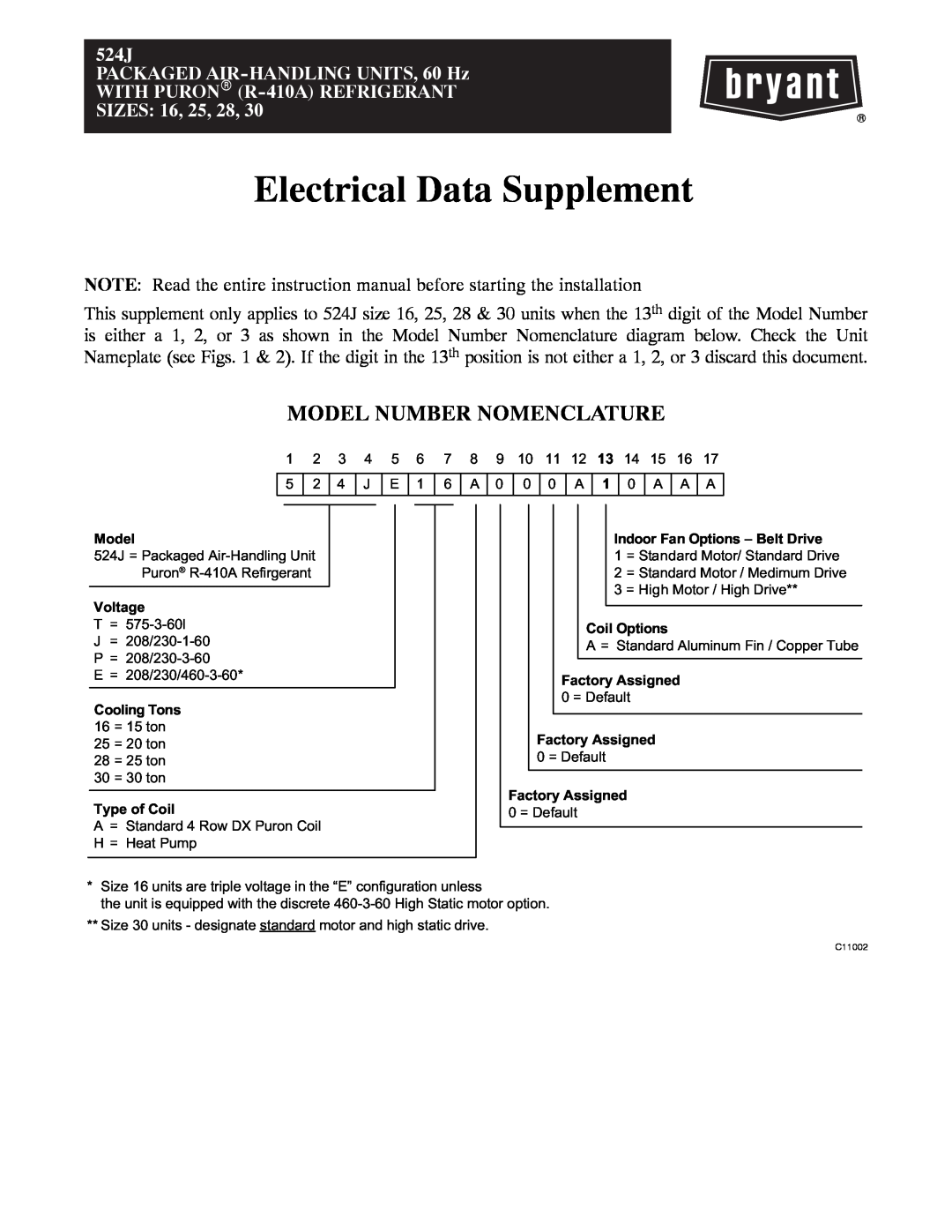 Bryant 542J instruction manual Model Number Nomenclature, Electrical Data Supplement, 524J 