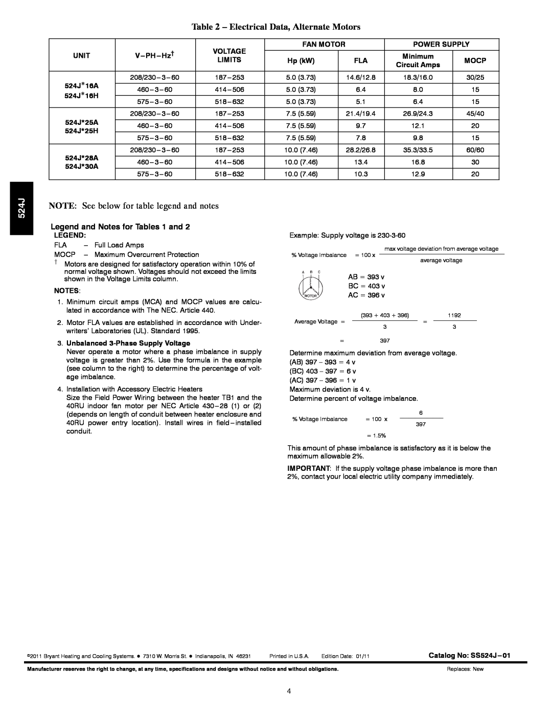 Bryant 542J instruction manual Electrical Data, Alternate Motors, 524J, NOTE See below for table legend and notes 