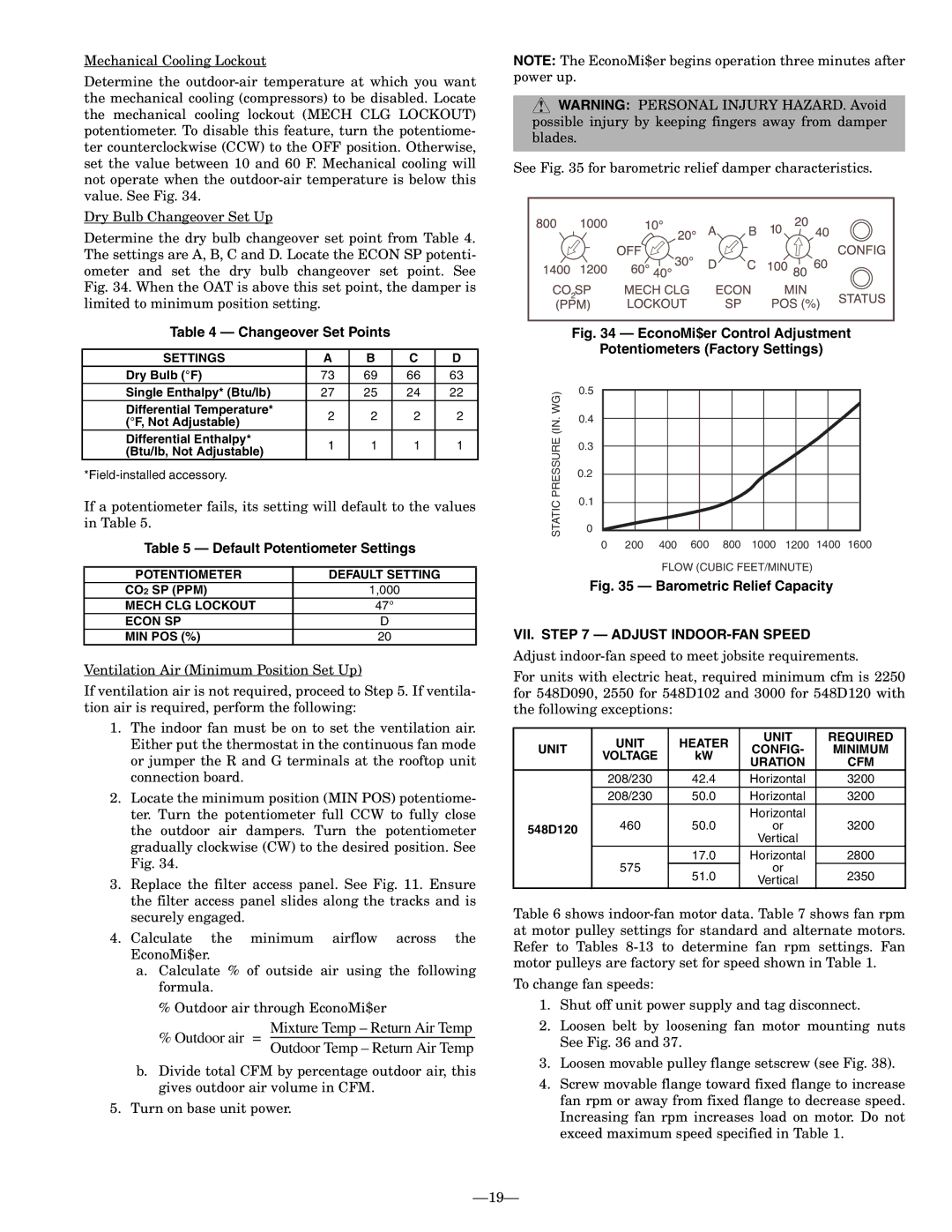 Bryant 548D installation instructions Changeover Set Points, Default Potentiometer Settings, VII. Adjust INDOOR-FAN Speed 