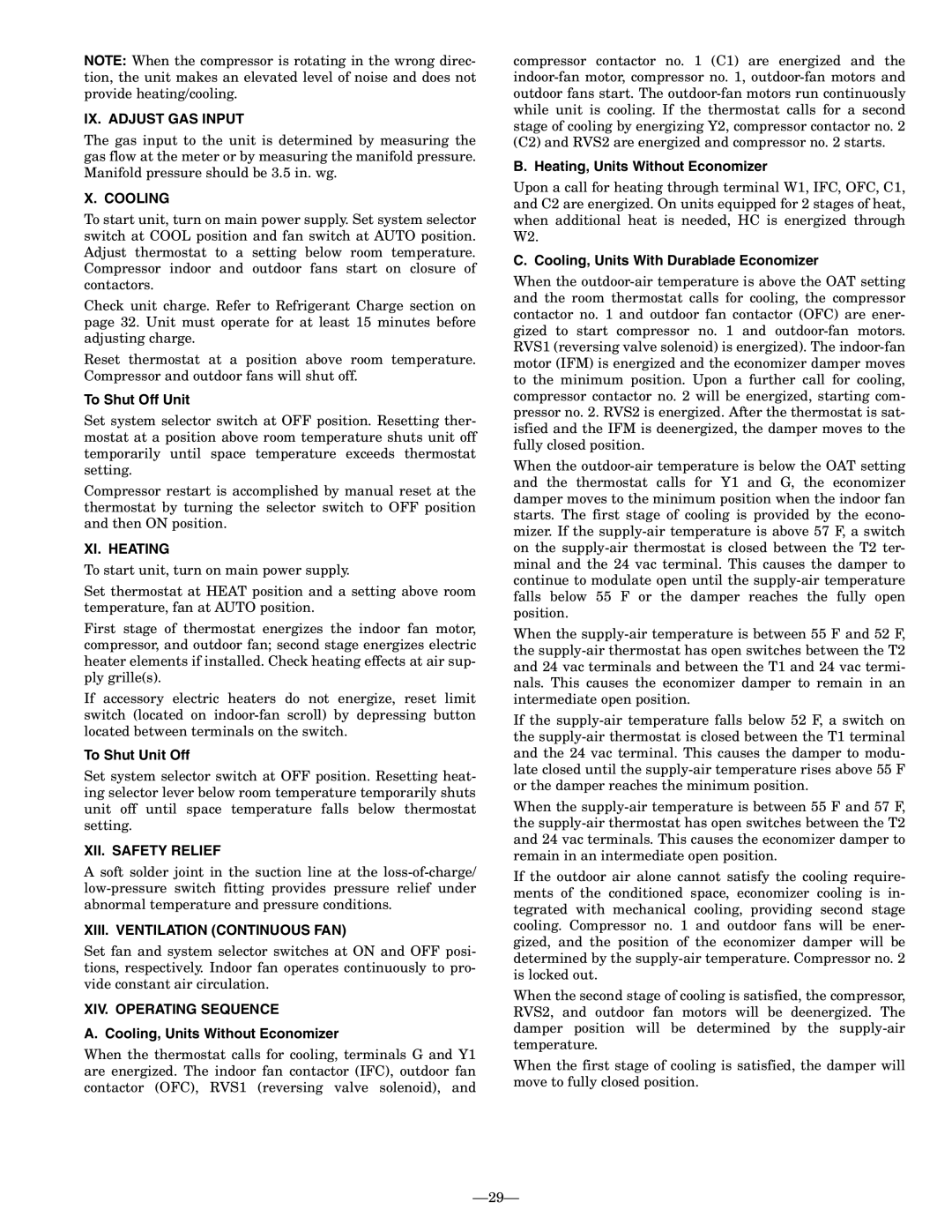 Bryant 548D IX. Adjust GAS Input, Cooling, XI. Heating, XII. Safety Relief, XIII. Ventilation Continuous FAN 